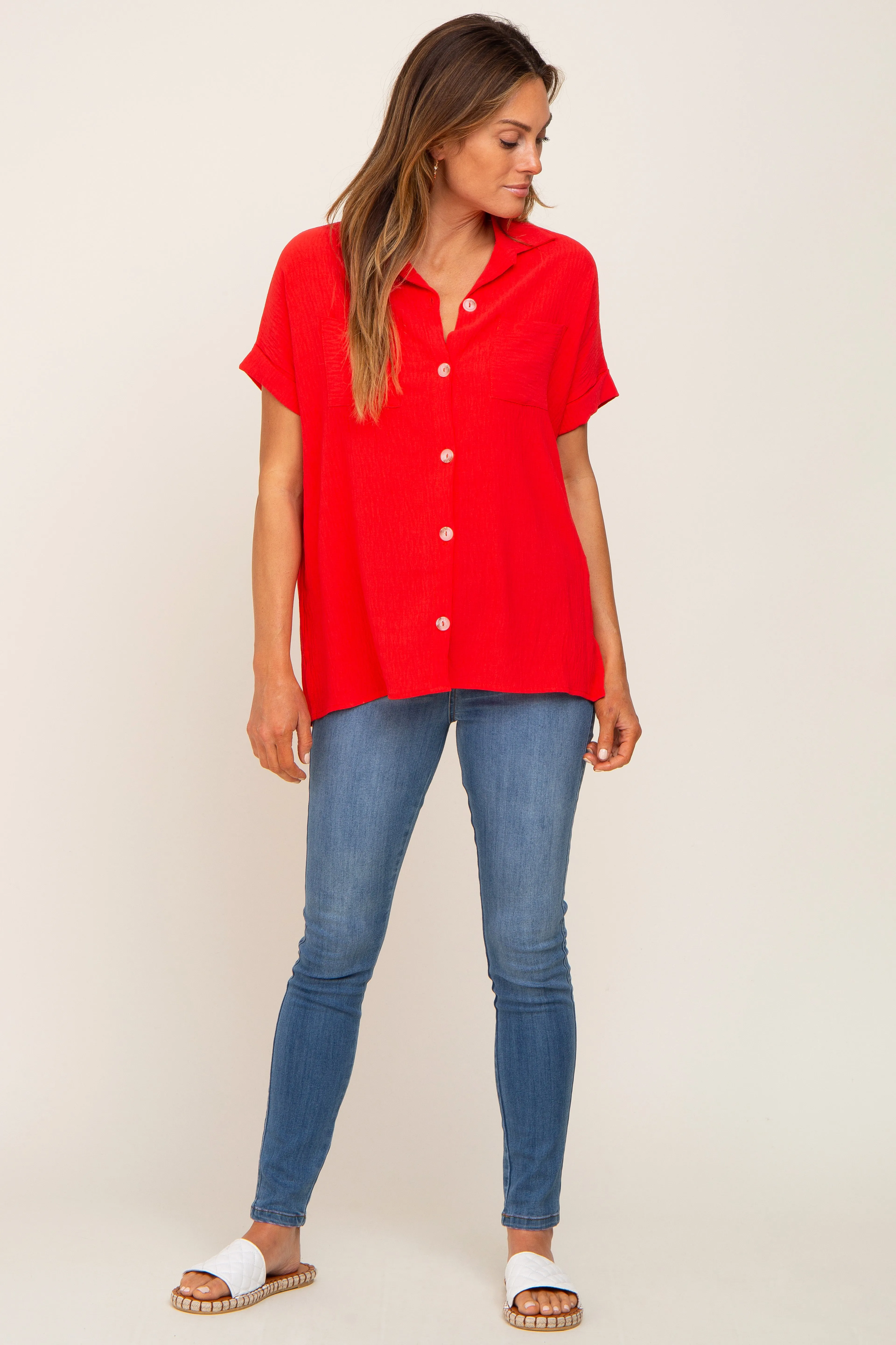 Red Collared Button-Down Short Sleeve Blouse sold by Pinkblush product image thumbnail 4