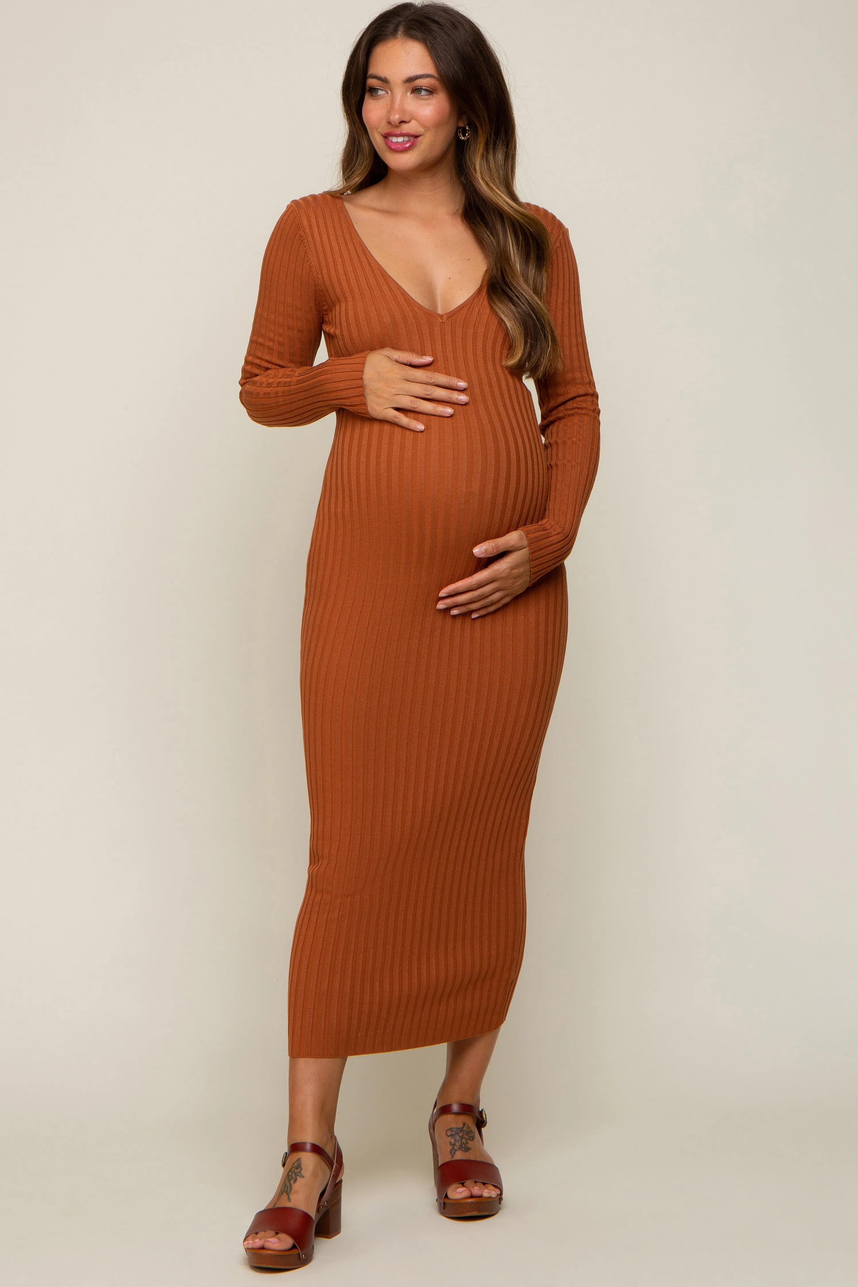Camel V-Neck Long Sleeve Fitted Maternity Maxi Dress sold by Pinkblush