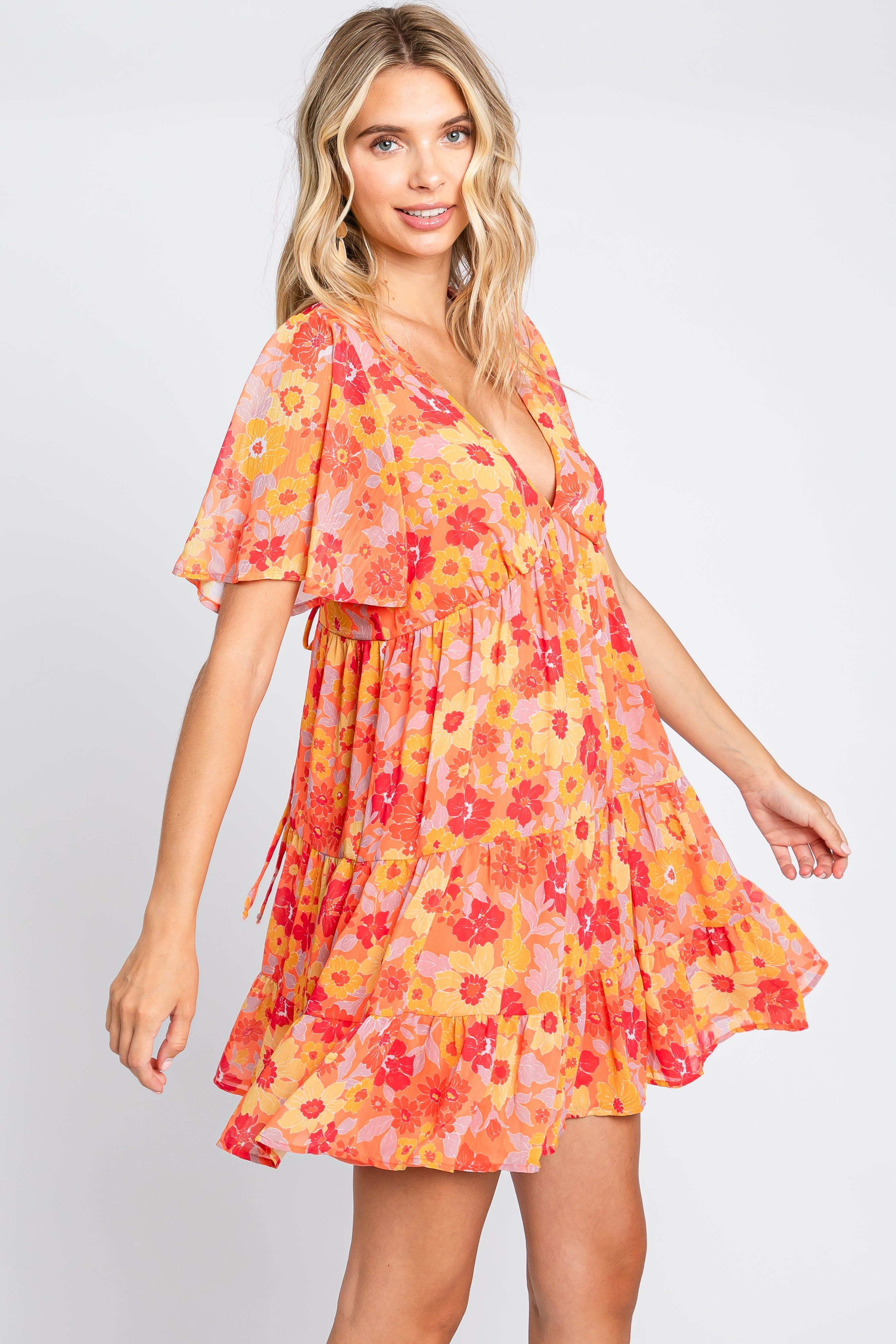 Orange Floral Chiffon Flutter Short Sleeve Lace-Up Back Dress sold by Pinkblush product image thumbnail 2