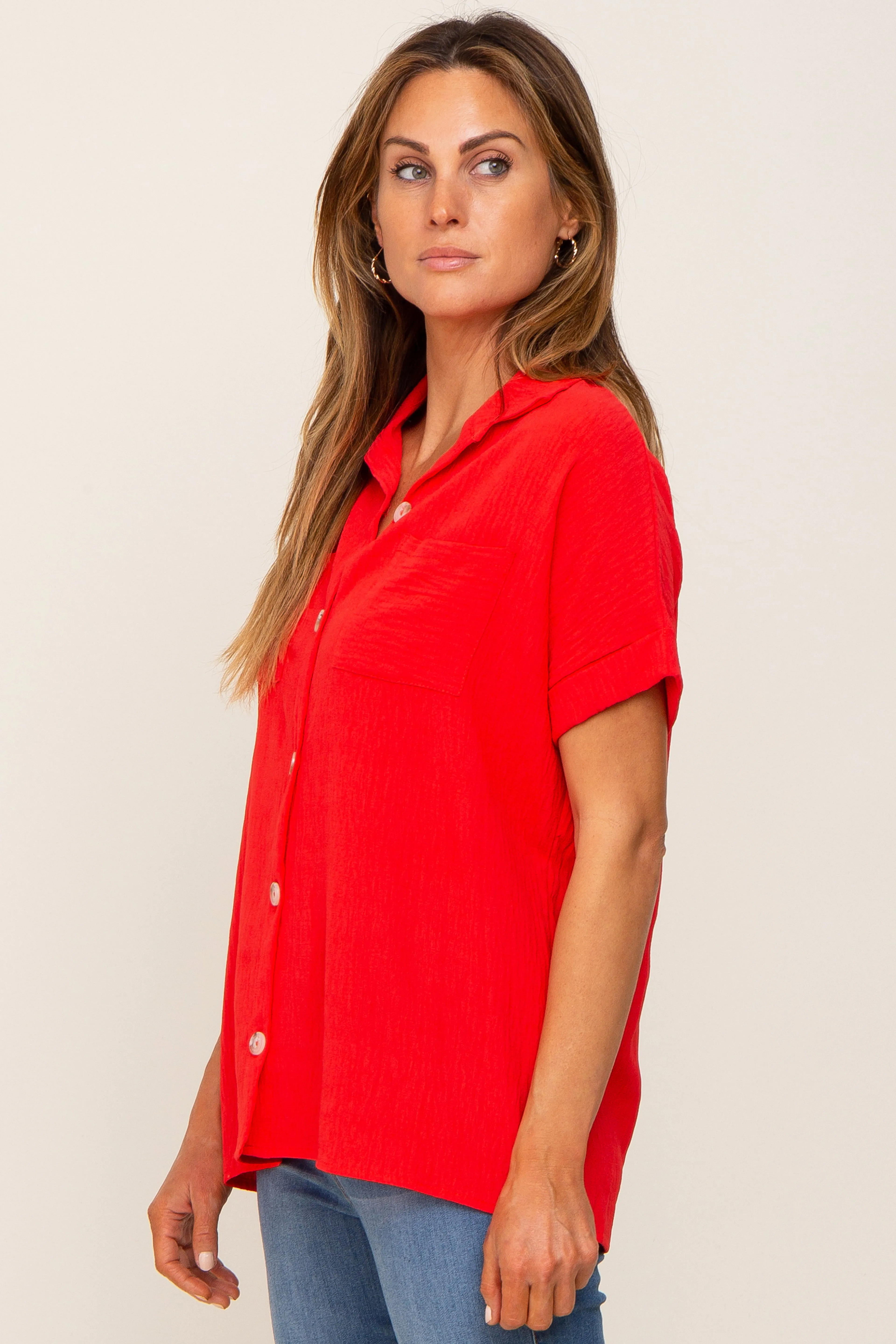 Red Collared Button-Down Short Sleeve Blouse sold by Pinkblush product image thumbnail 2