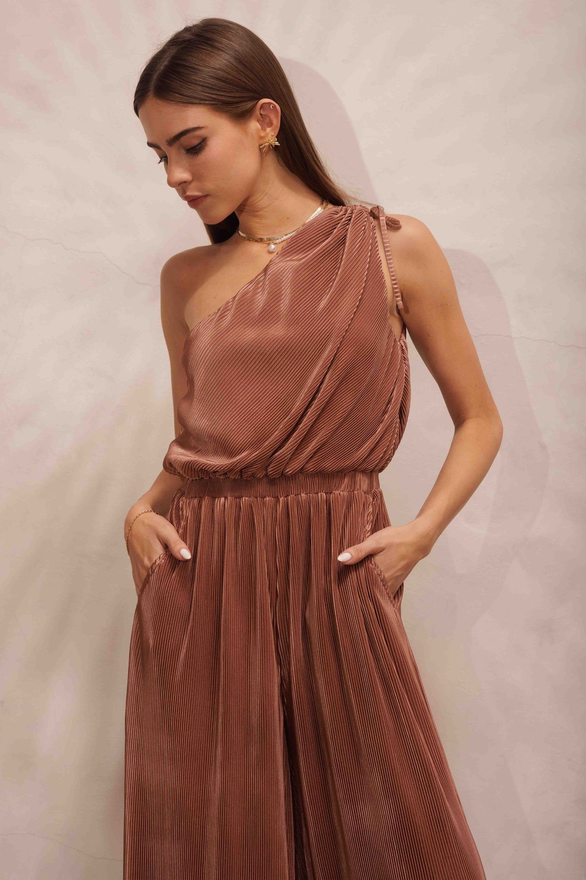 Dark Bronze Asymmetric Pleated Jumpsuit sold by Pinkblush product image thumbnail 3