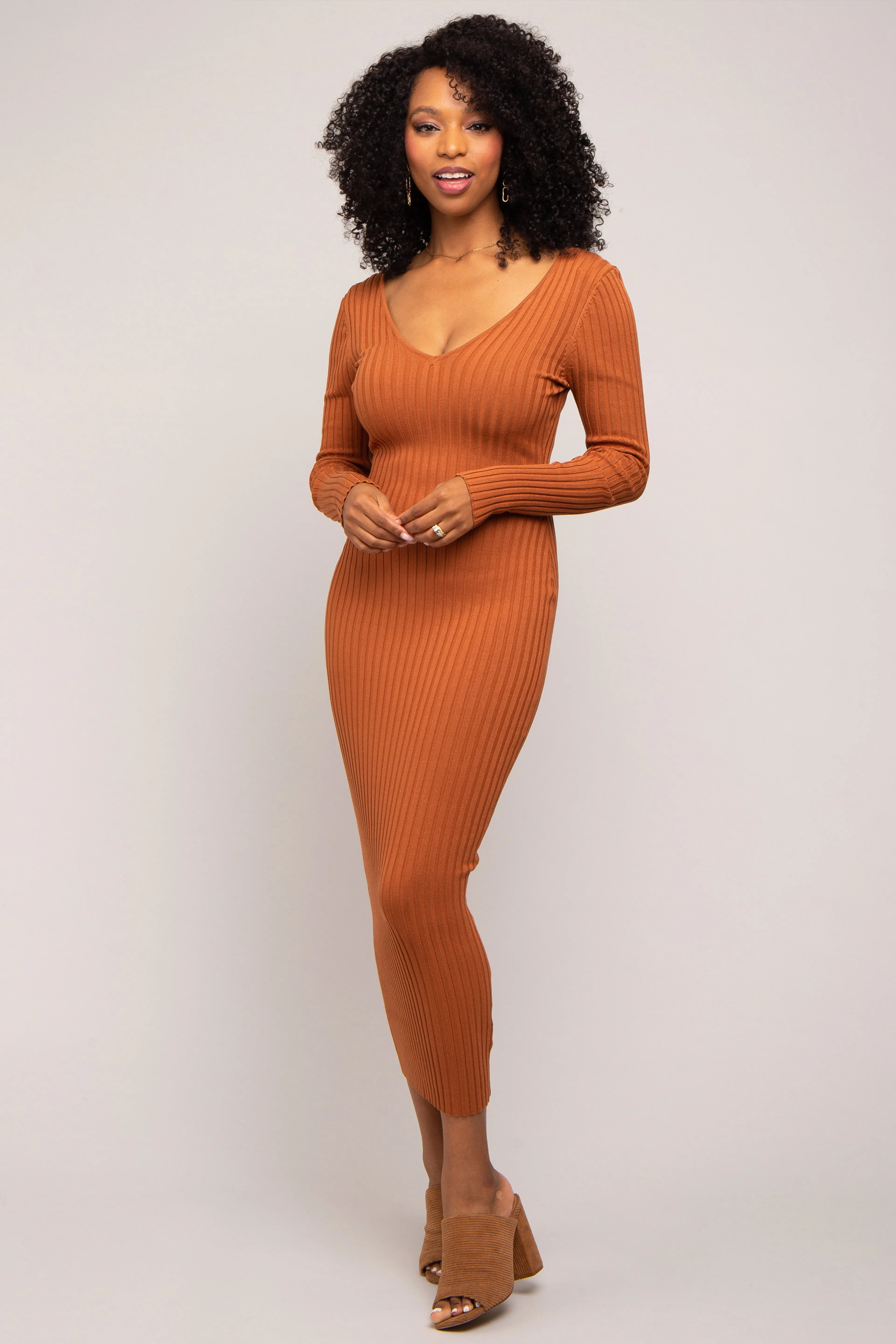 Camel V-Neck Long Sleeve Fitted Maternity Maxi Dress sold by Pinkblush product image thumbnail 5