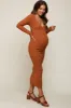 Camel V-Neck Long Sleeve Fitted Maternity Maxi Dress sold by Pinkblush