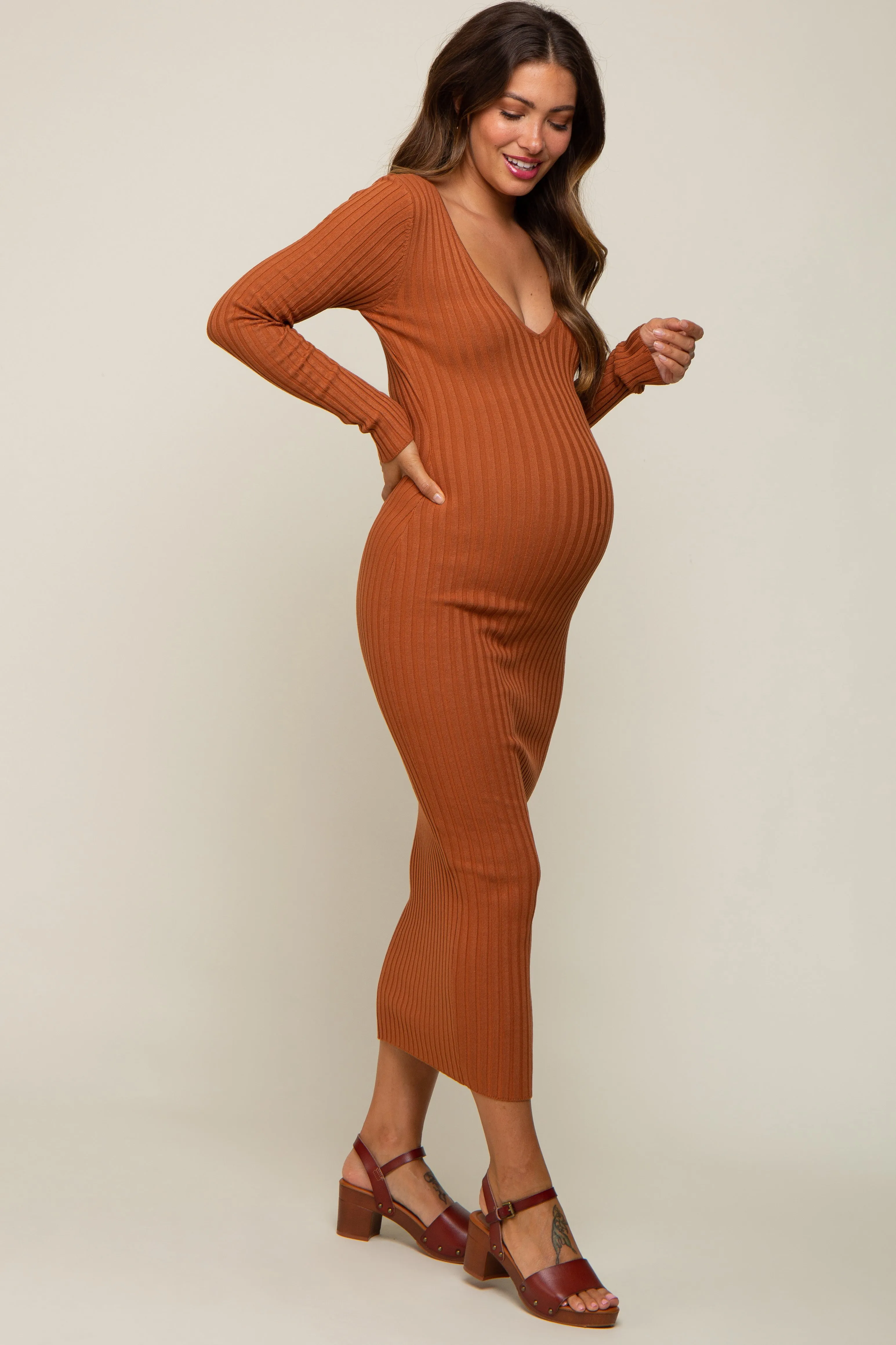 Camel V-Neck Long Sleeve Fitted Maternity Maxi Dress sold by Pinkblush product image thumbnail 2