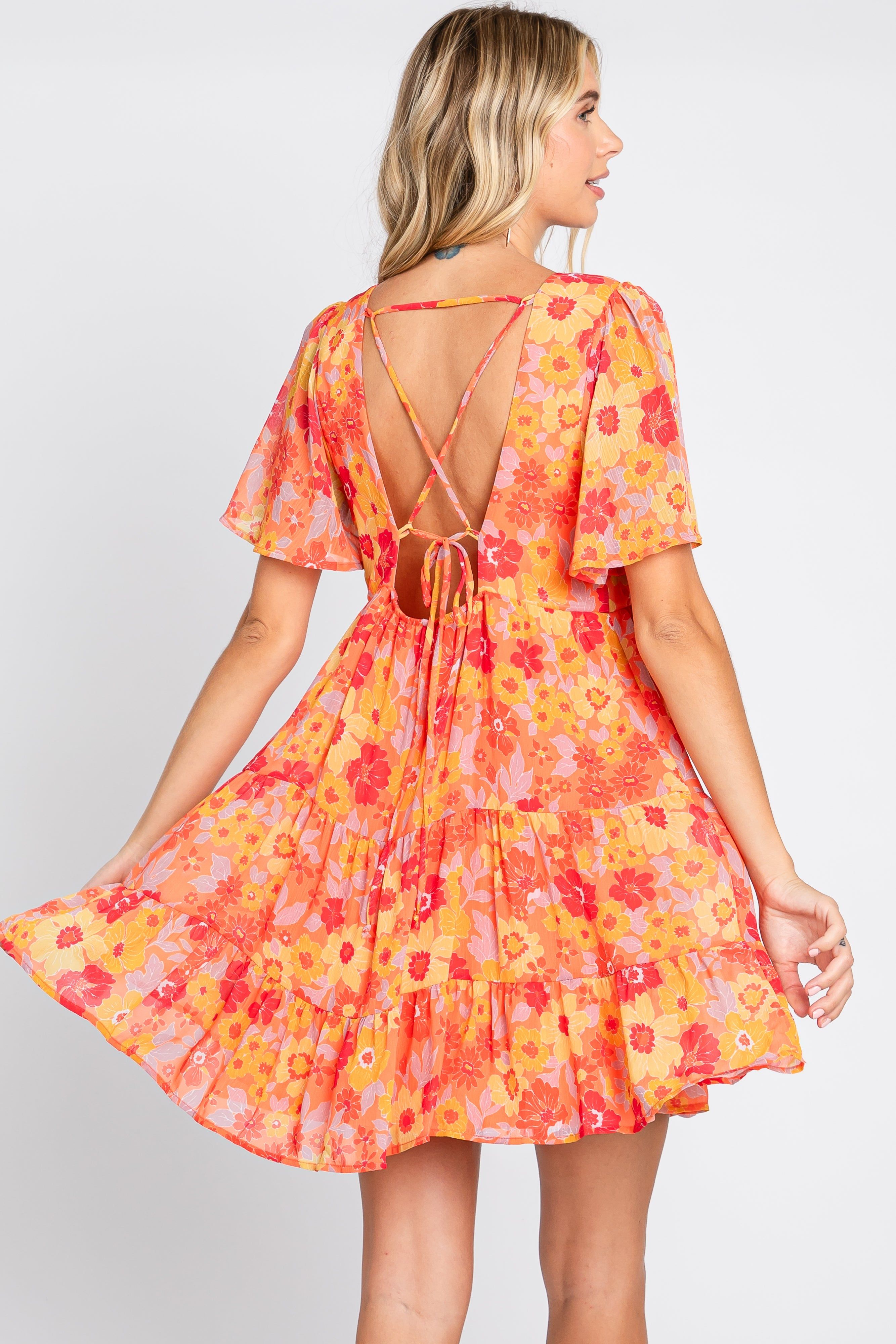 Orange Floral Chiffon Flutter Short Sleeve Lace-Up Back Dress sold by Pinkblush product image thumbnail 3