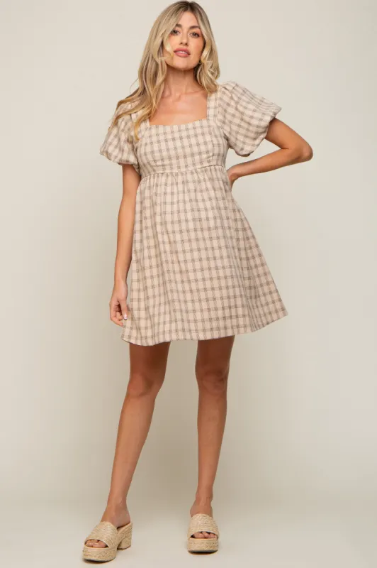 Taupe Plaid Square Neck Short Puff Sleeve Maternity Dress sold by Pinkblush