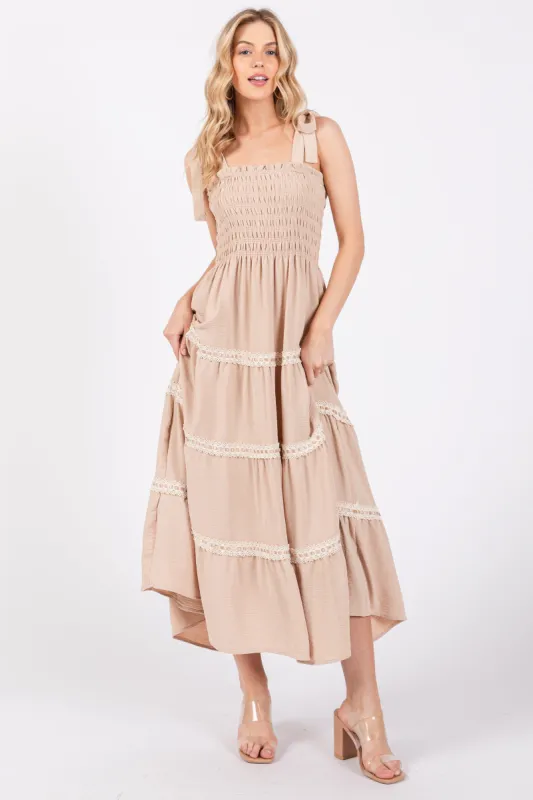 Taupe Smocked Maxi Dress sold by Pinkblush