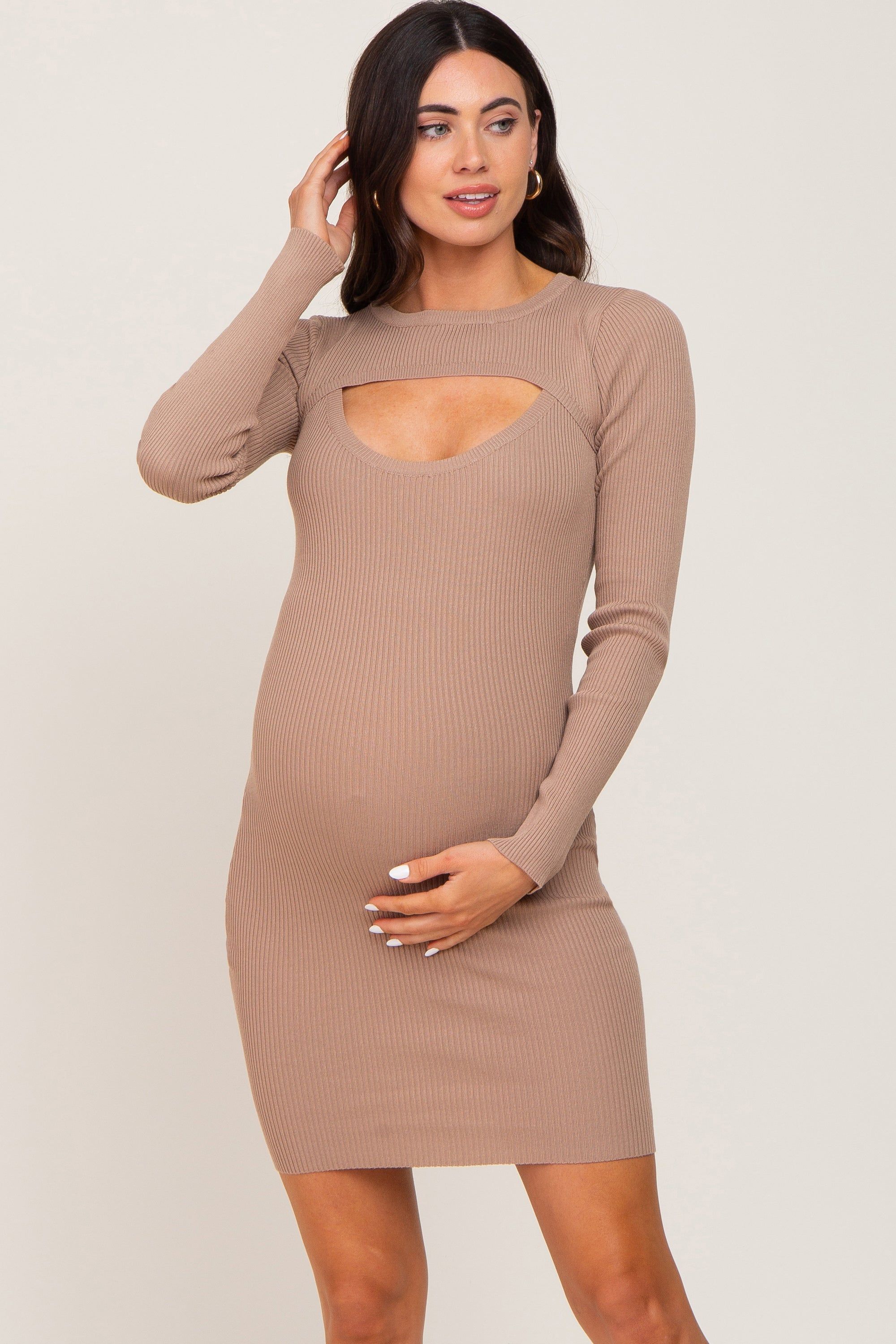 Mocha Knit Cutout Maternity Fitted Dress sold by Pinkblush
