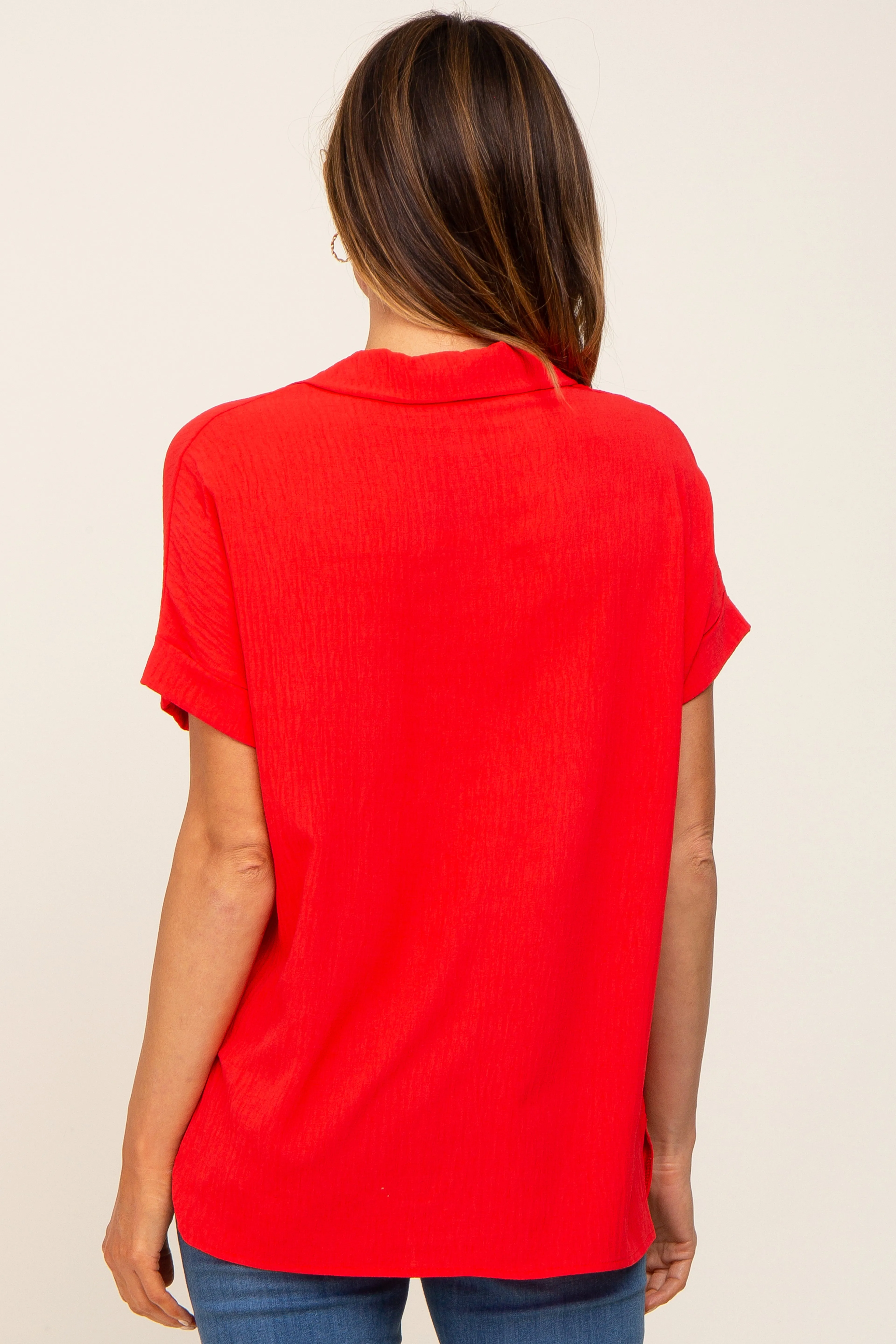 Red Collared Button-Down Short Sleeve Blouse sold by Pinkblush product image thumbnail 3