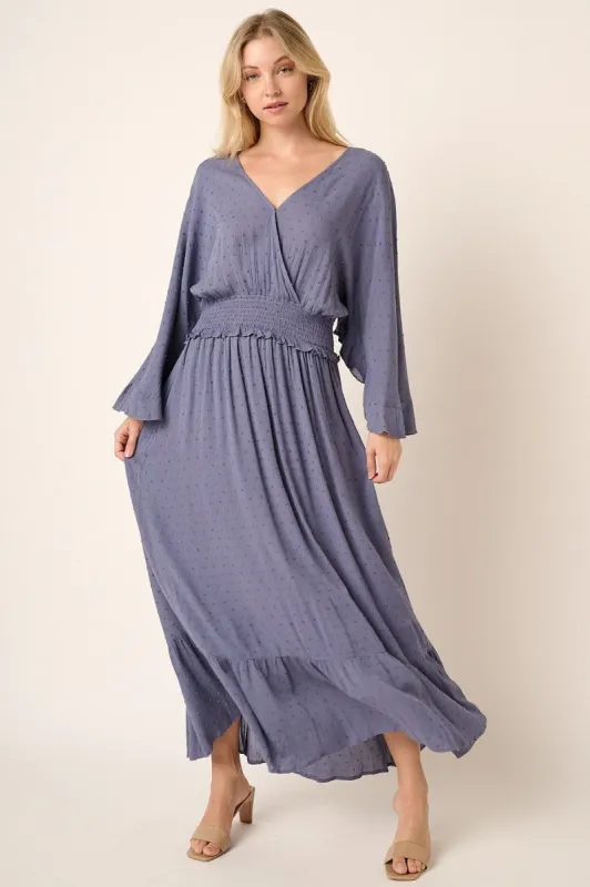 Dusty Blue Swiss Dot Full Bell Sleeve Maxi Dress sold by Pinkblush