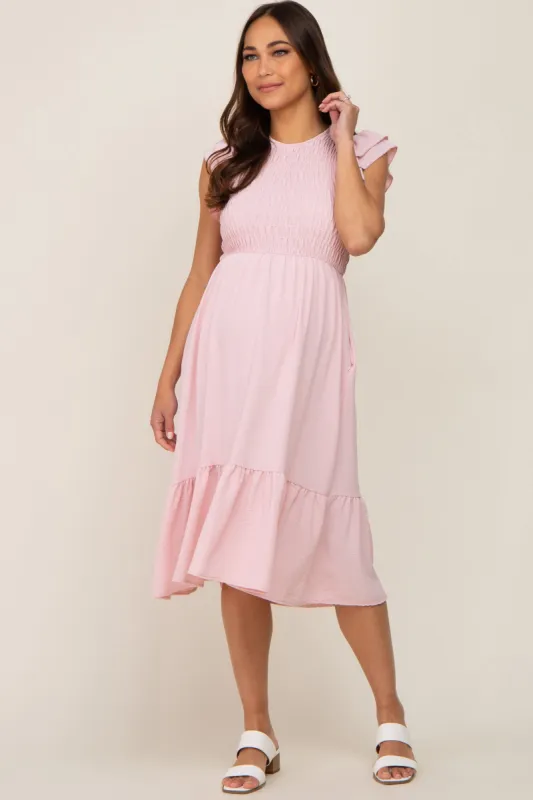 Light Pink Smocked Layered Ruffle Flutter Sleeve Maternity Midi Dress sold by Pinkblush