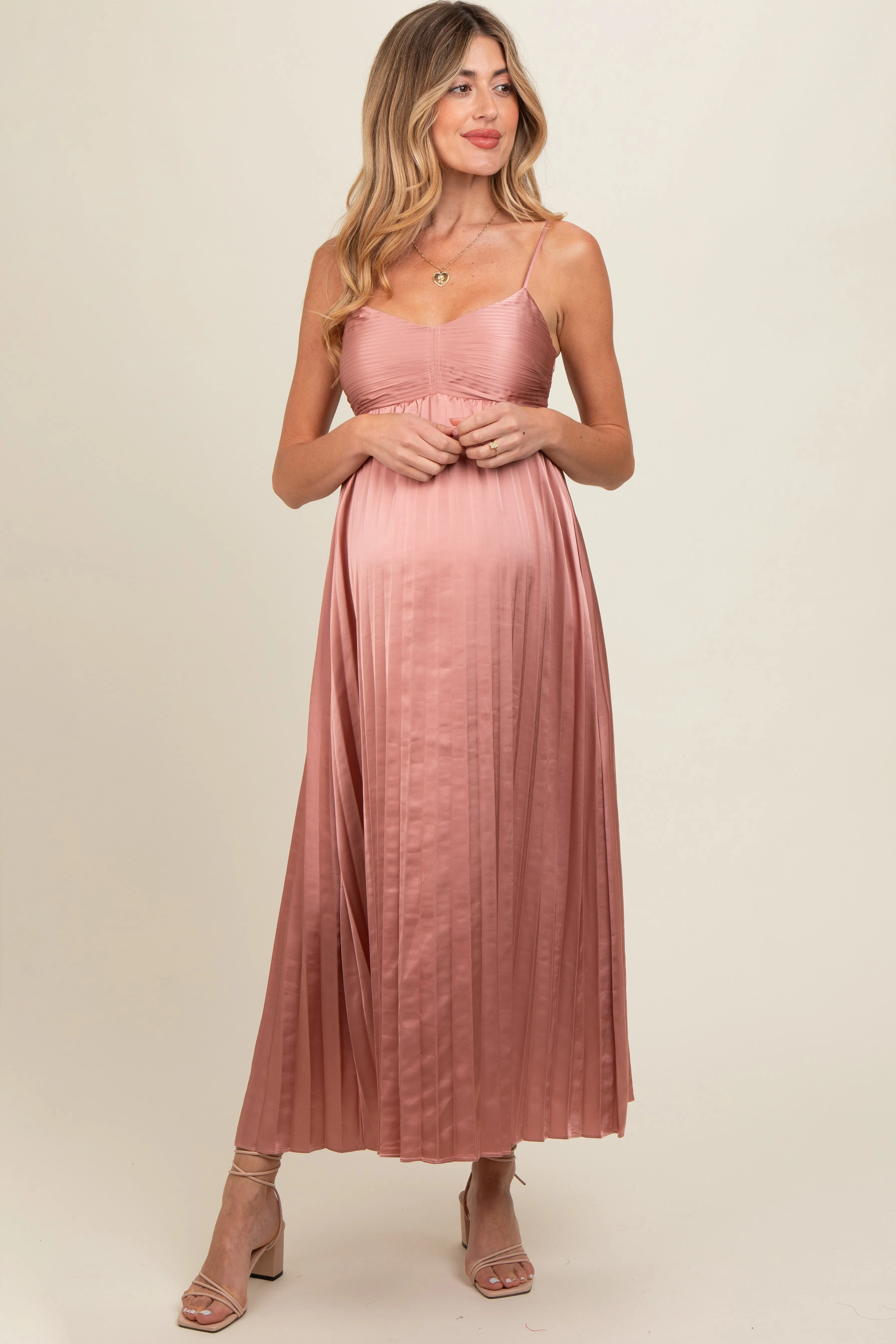 Pink Satin Pleated Maternity Midi Dress sold by Pinkblush