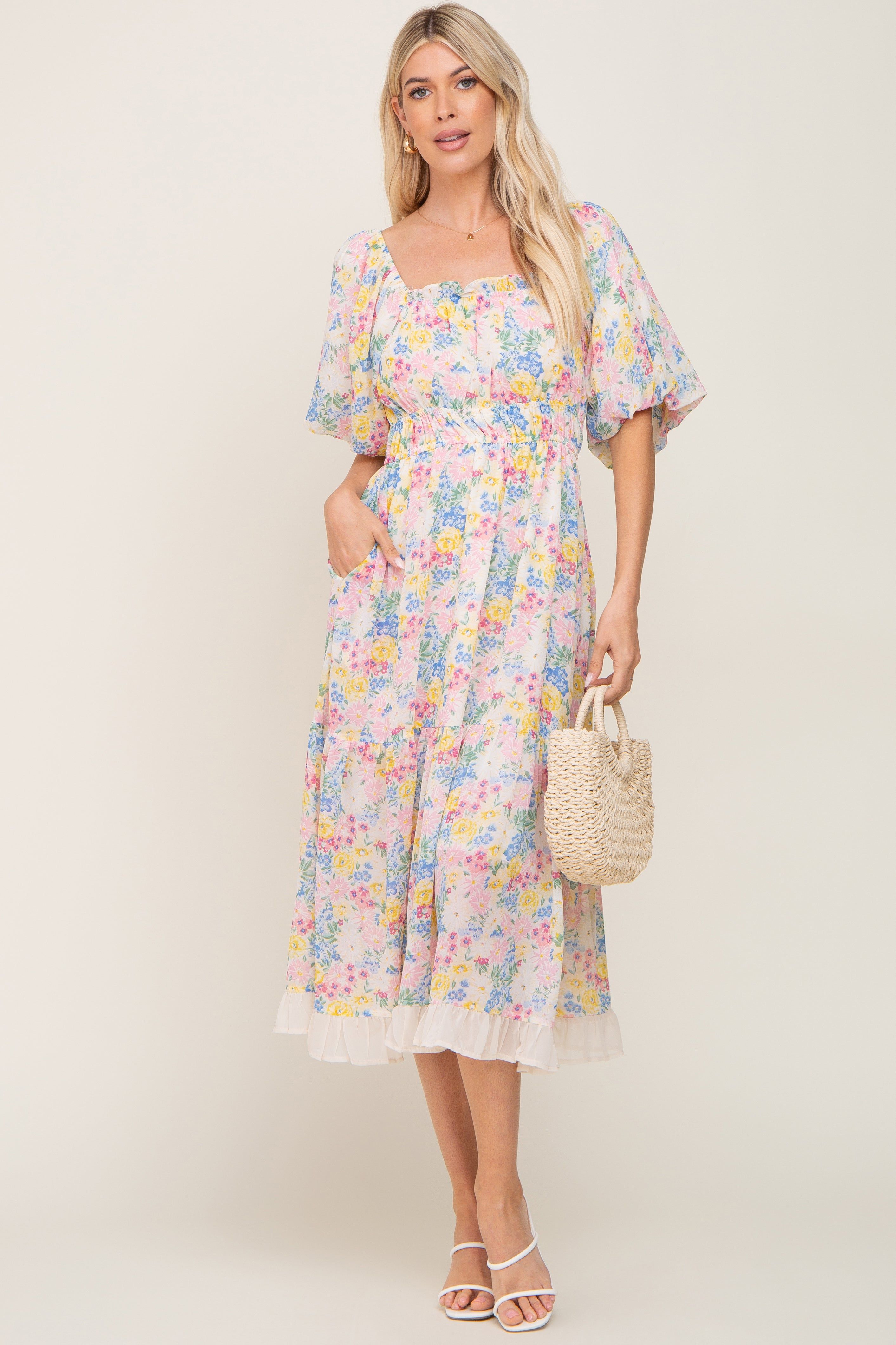 Ivory Floral Chiffon Ruffle Square Neck Puff Sleeve Maternity Midi Dress sold by Pinkblush product image thumbnail 5