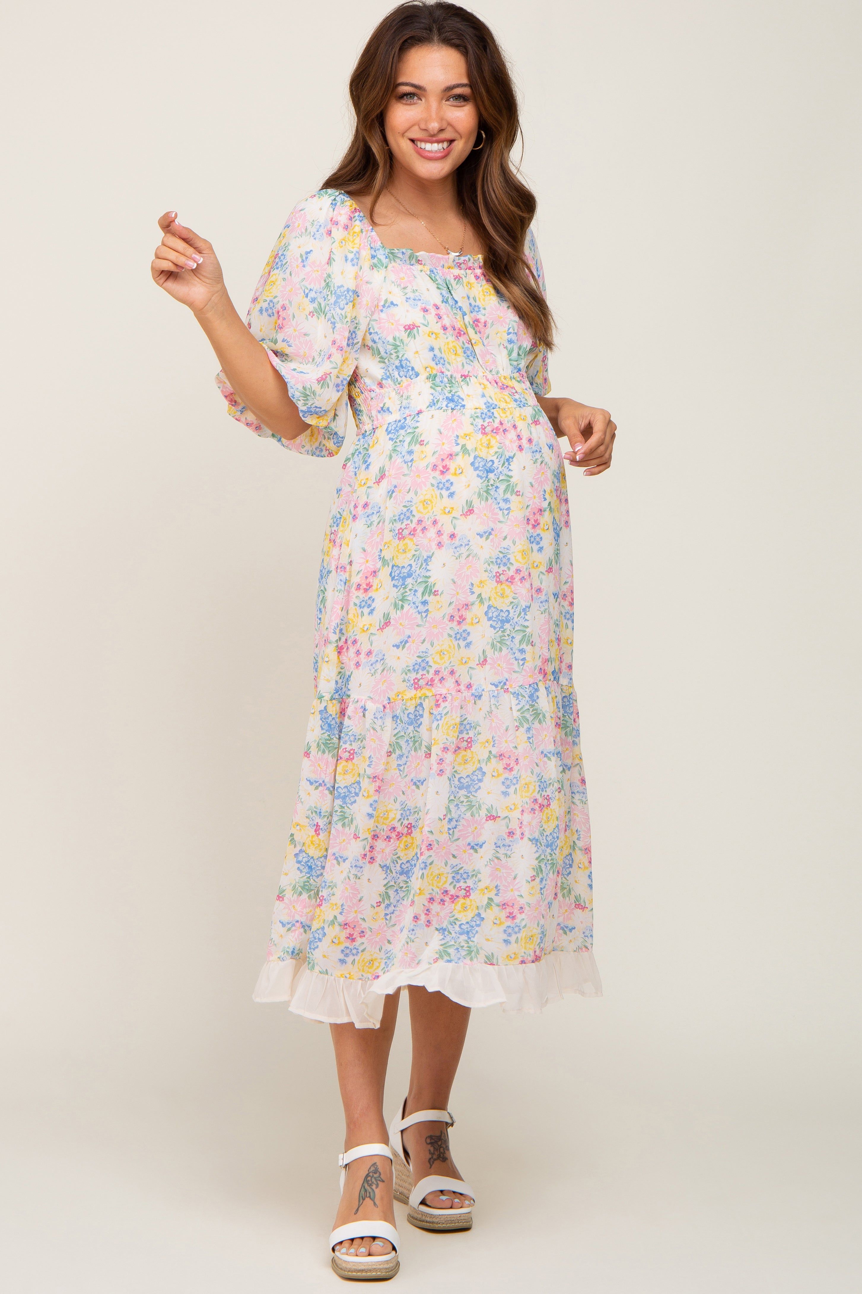 Ivory Floral Chiffon Ruffle Square Neck Puff Sleeve Maternity Midi Dress sold by Pinkblush product image thumbnail 2