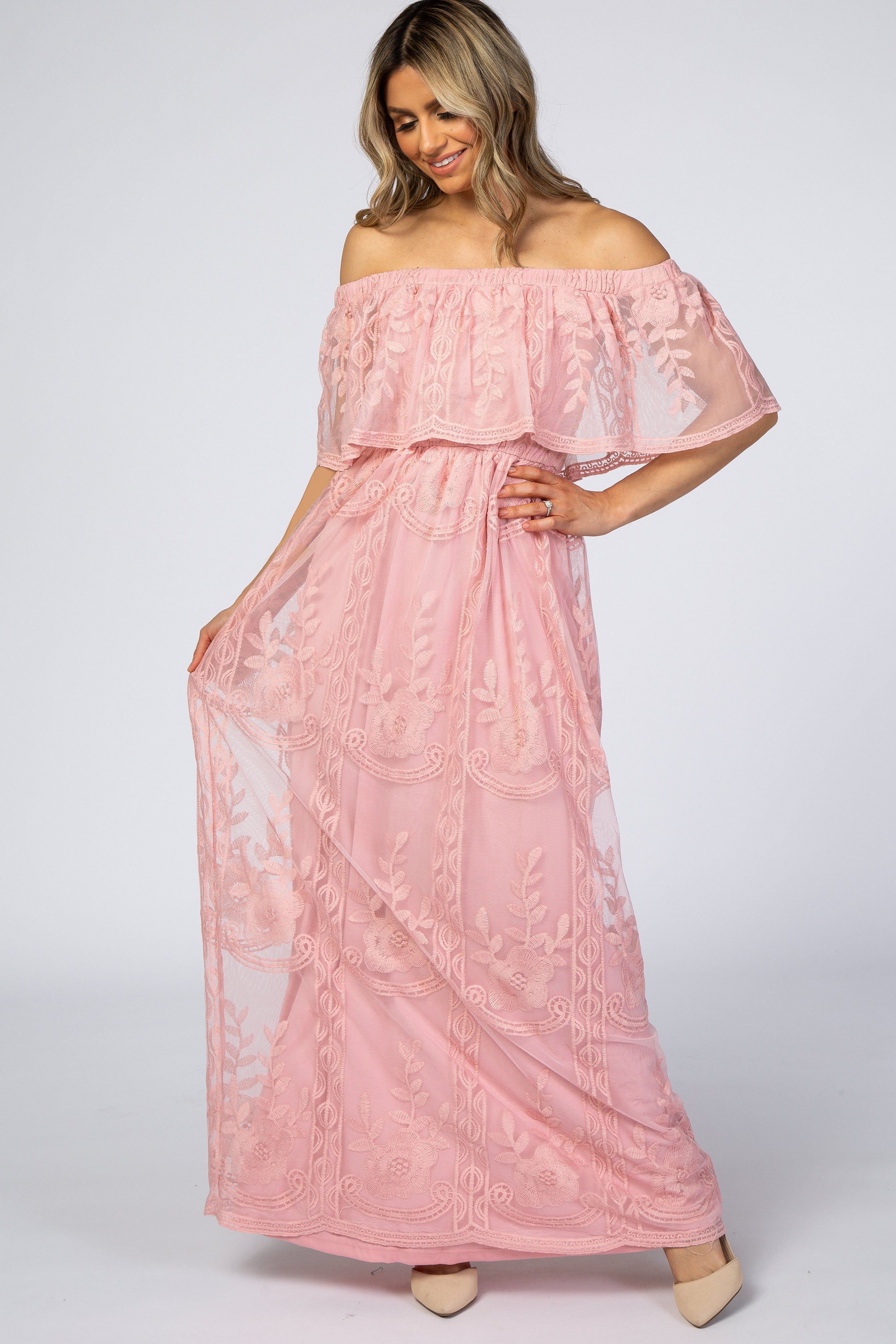 Pink Lace Overlay Off Shoulder Maternity Maxi Dress sold by Pinkblush