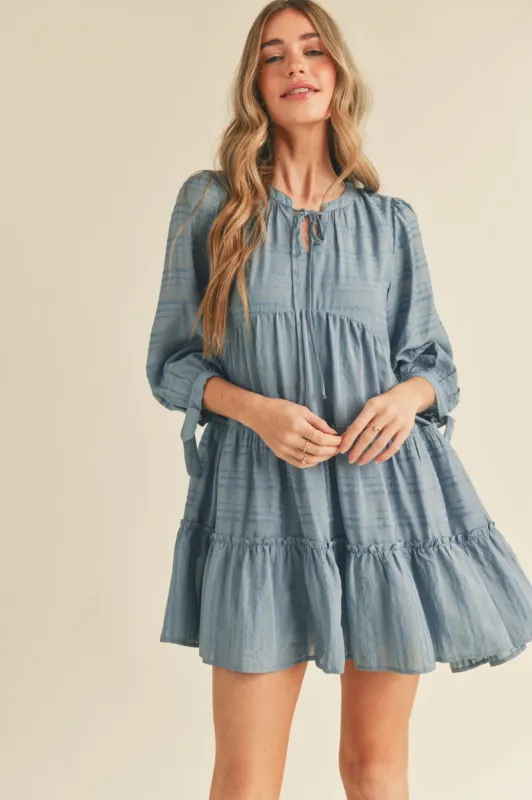 Dusty Denim Blue Tiered Long Sleeve Mini Dress sold by Pinkblush