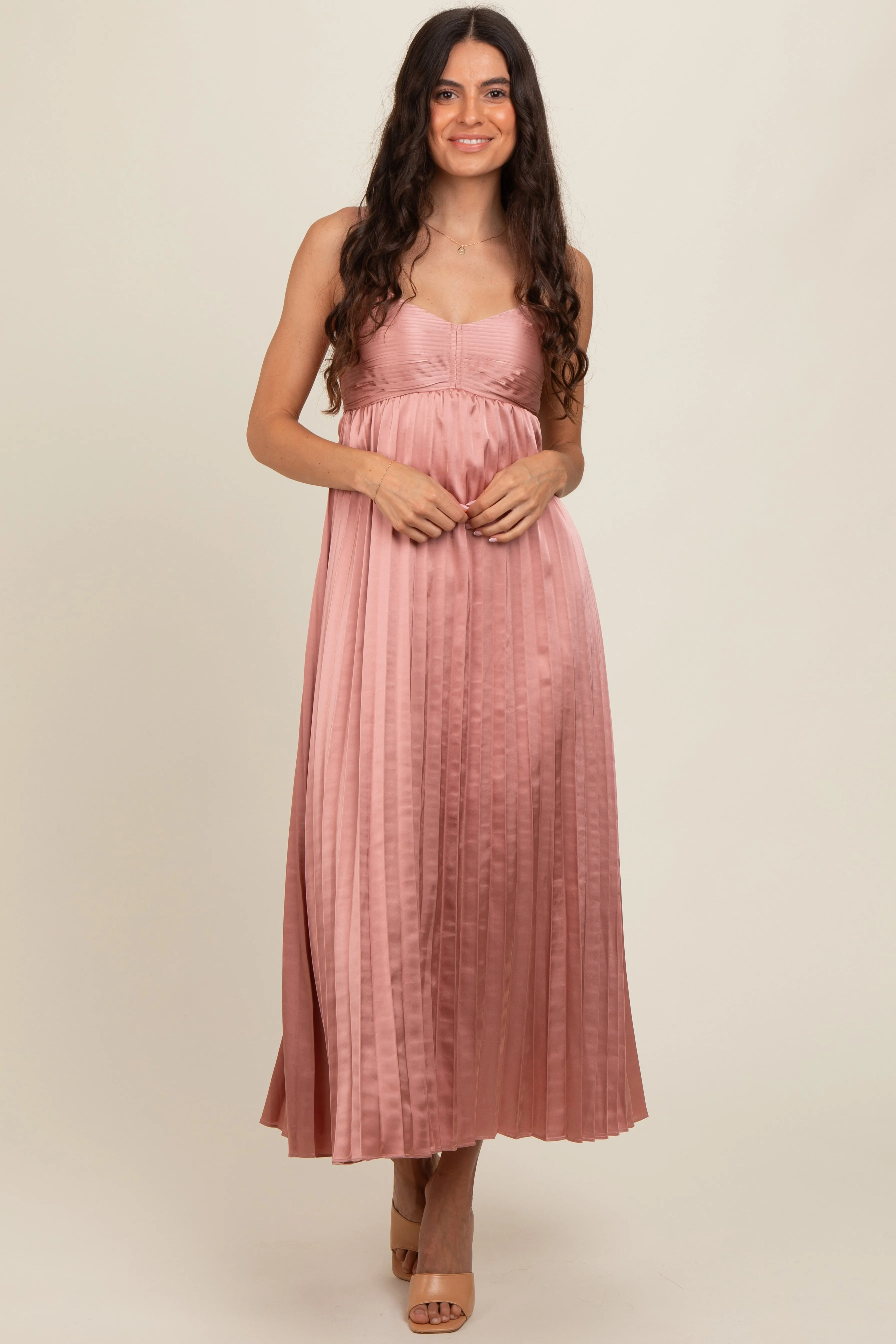 Pink Satin Pleated Maternity Midi Dress sold by Pinkblush product image thumbnail 5
