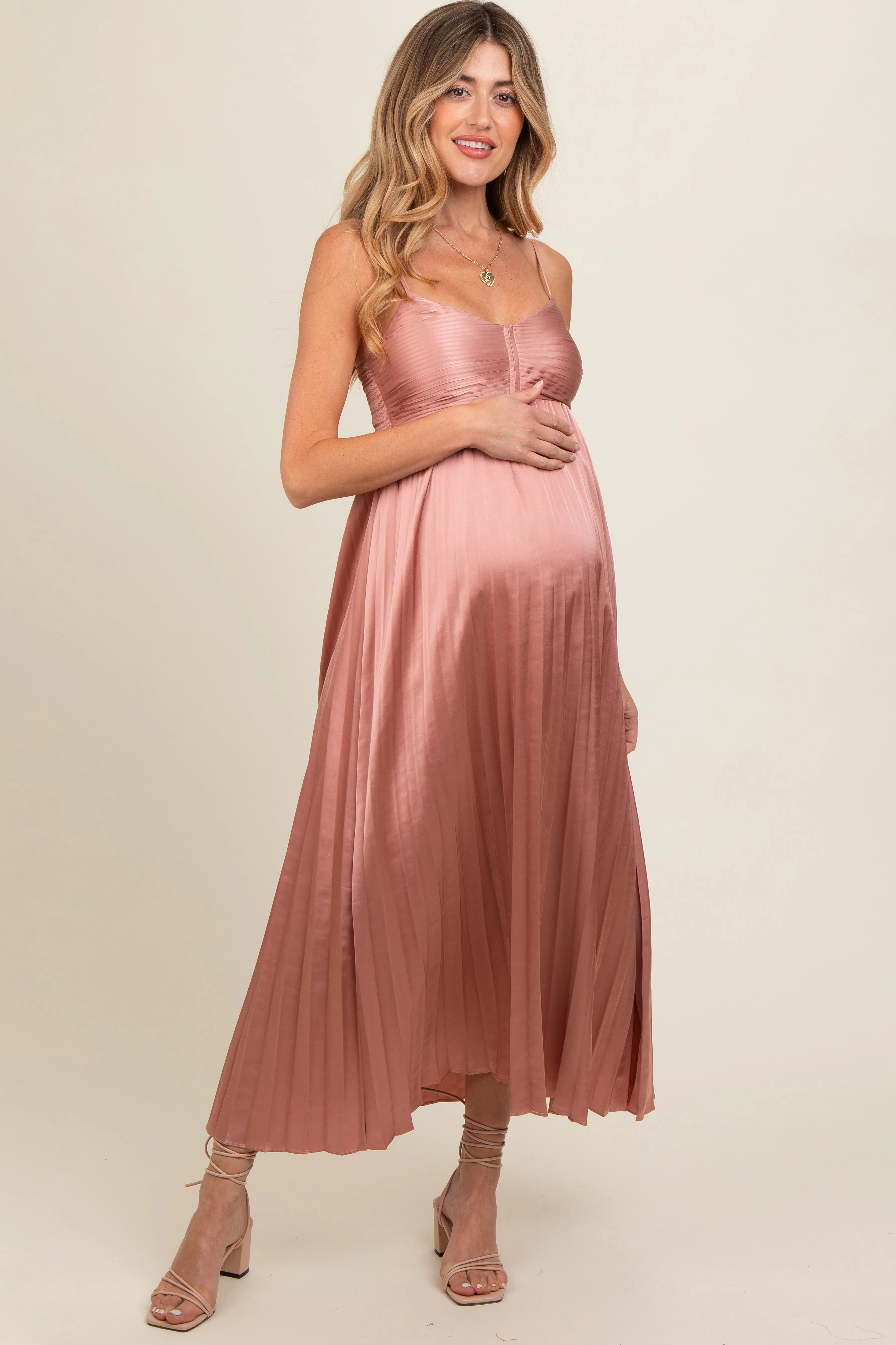 Pink Satin Pleated Maternity Midi Dress sold by Pinkblush product image thumbnail 2