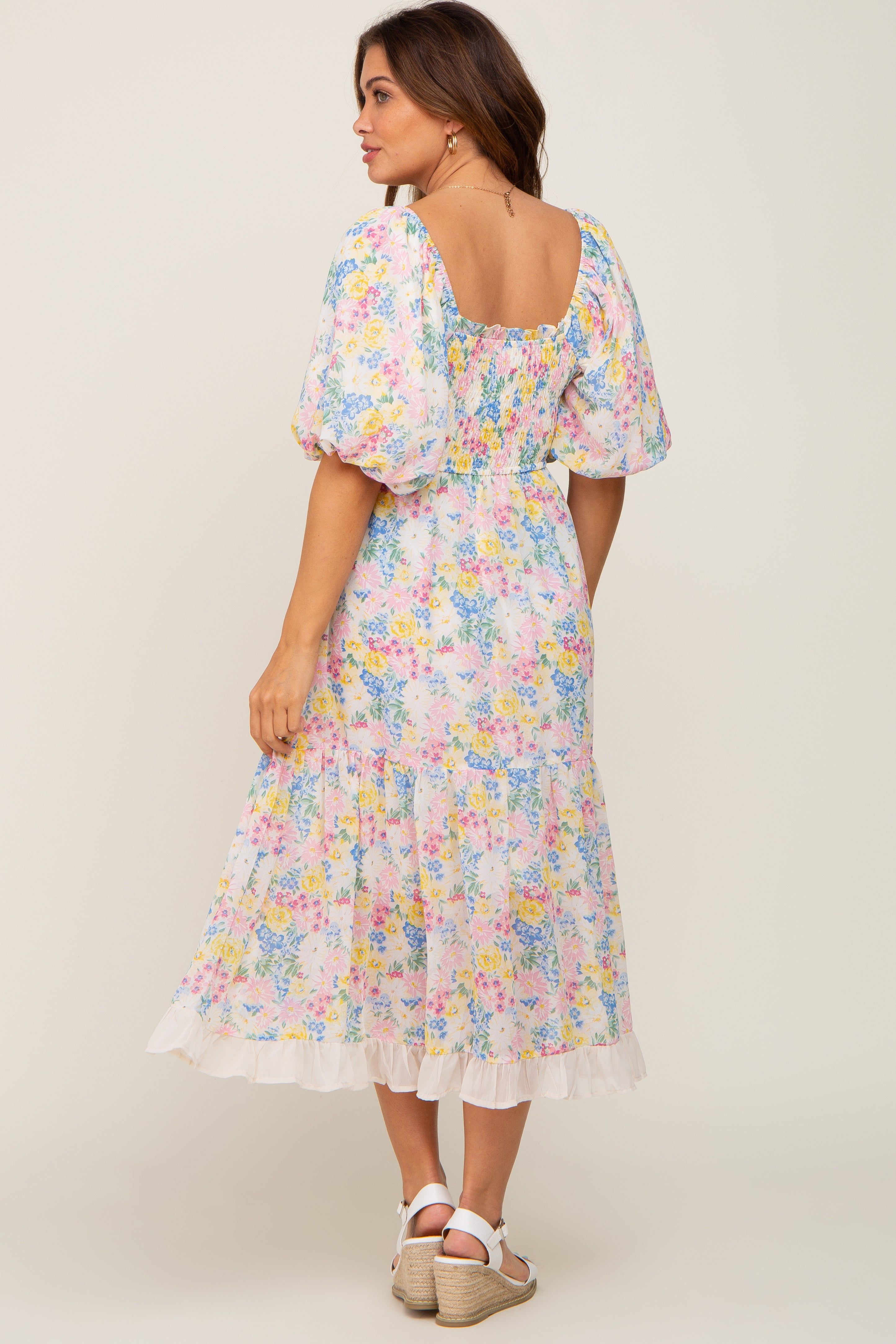 Ivory Floral Chiffon Ruffle Square Neck Puff Sleeve Maternity Midi Dress sold by Pinkblush product image thumbnail 3