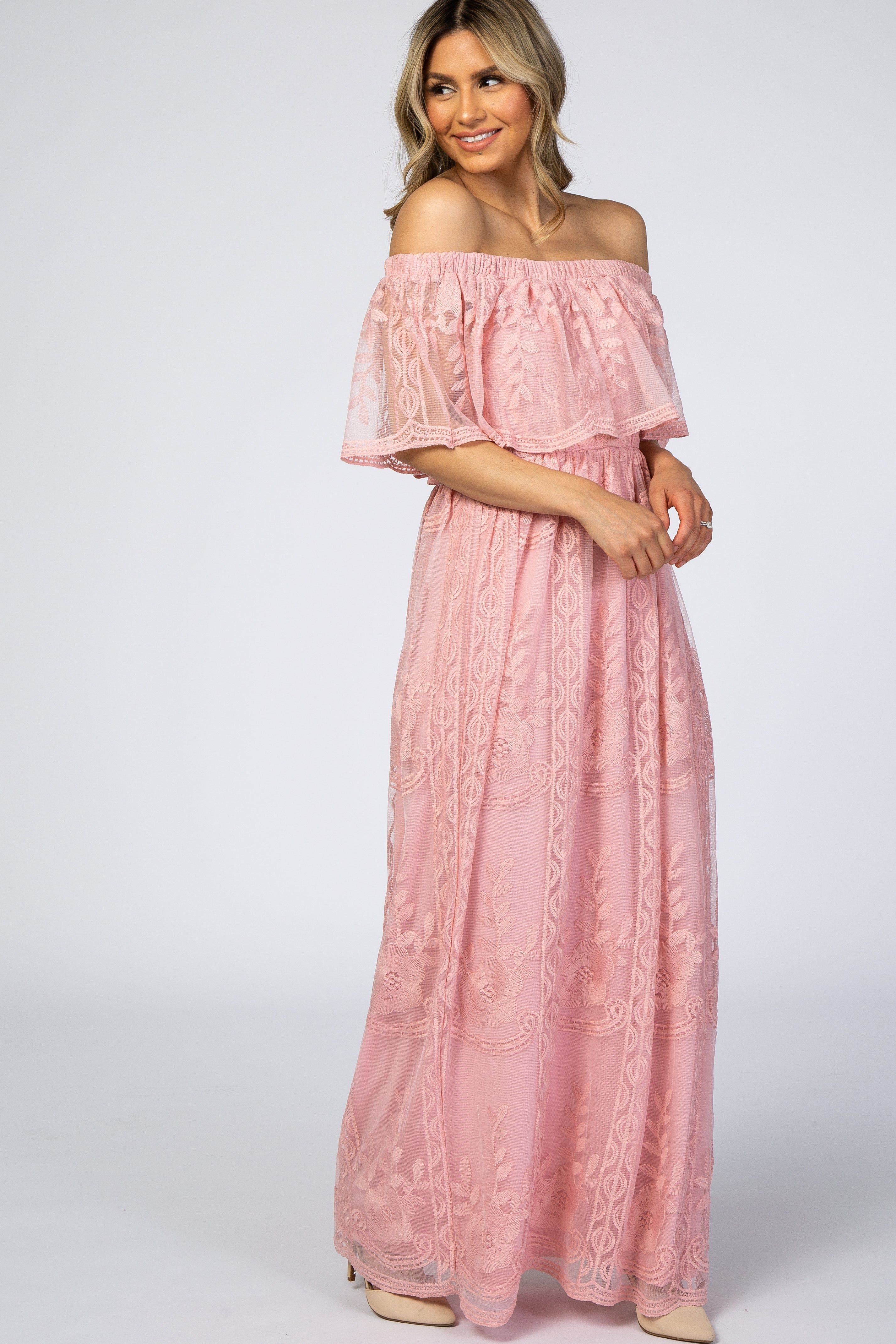 Pink Lace Overlay Off Shoulder Maternity Maxi Dress sold by Pinkblush product image thumbnail 2