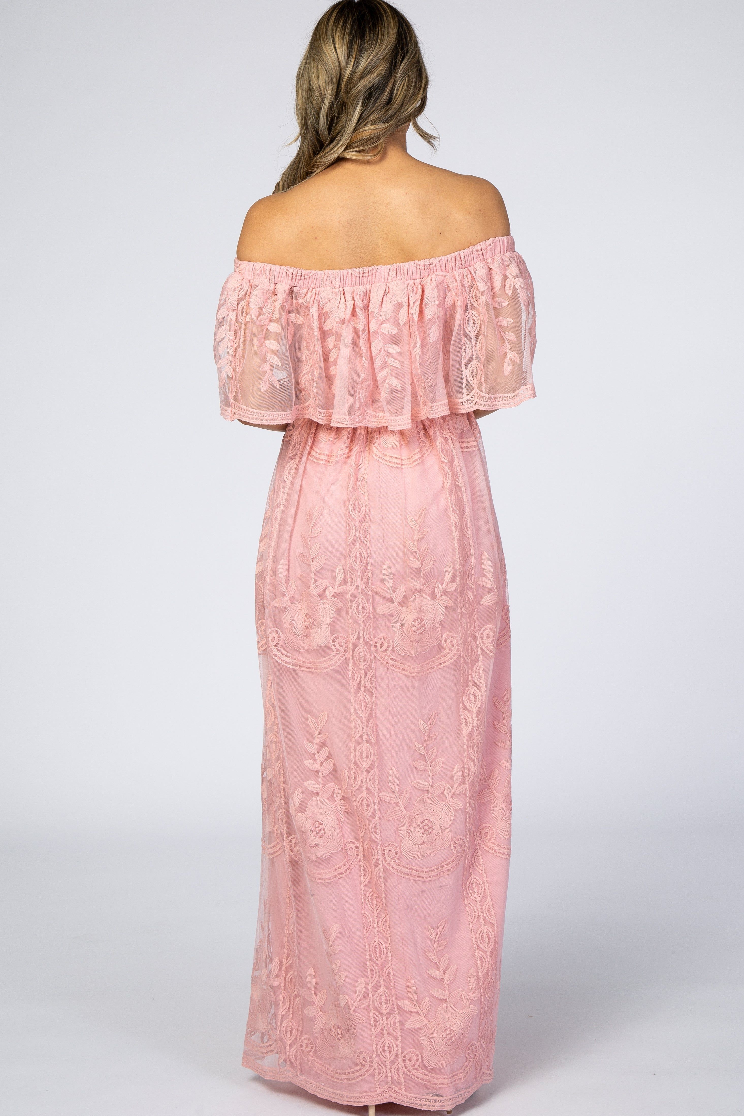 Pink Lace Overlay Off Shoulder Maternity Maxi Dress sold by Pinkblush product image thumbnail 3
