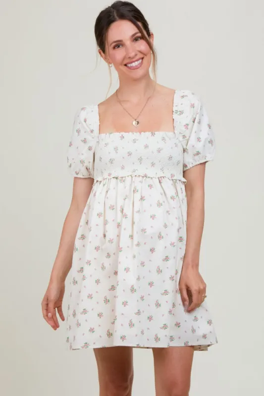 Ivory Floral Puff Short Sleeve Maternity Mini Dress sold by Pinkblush