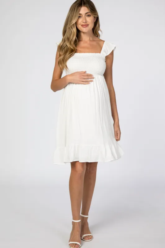 White Smocked Ruffle Sleeve Maternity Dress sold by Pinkblush