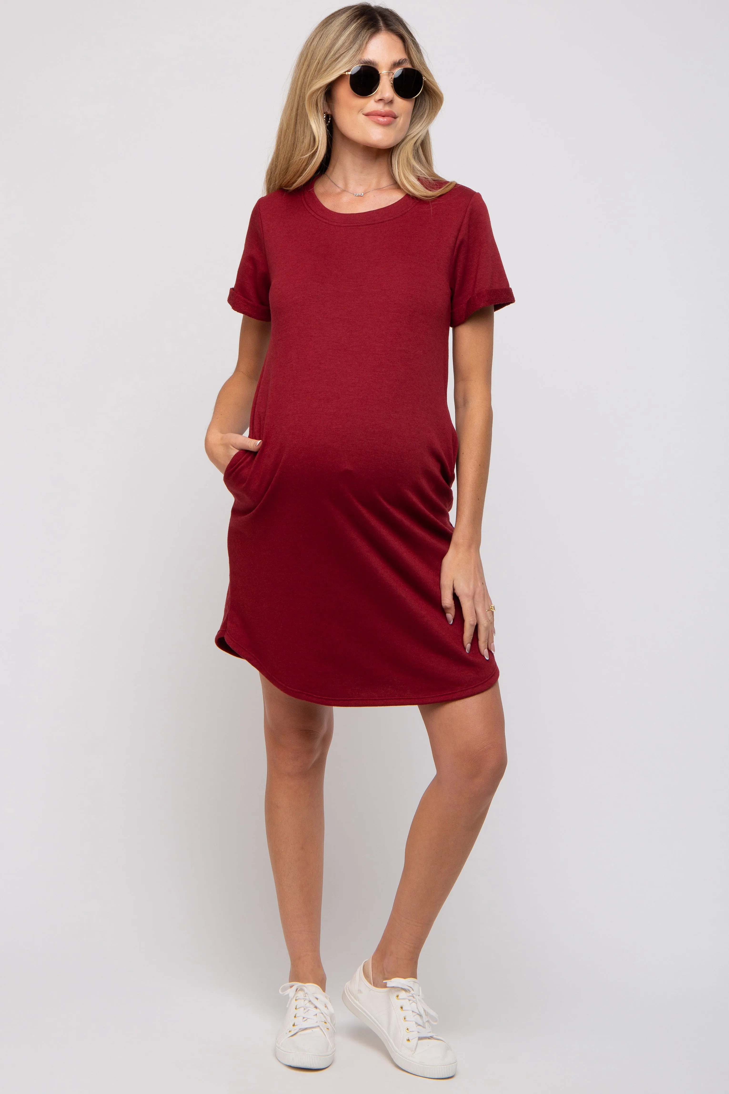 Burgundy French Terry Cuffed Short Sleeve Maternity Dress sold by Pinkblush