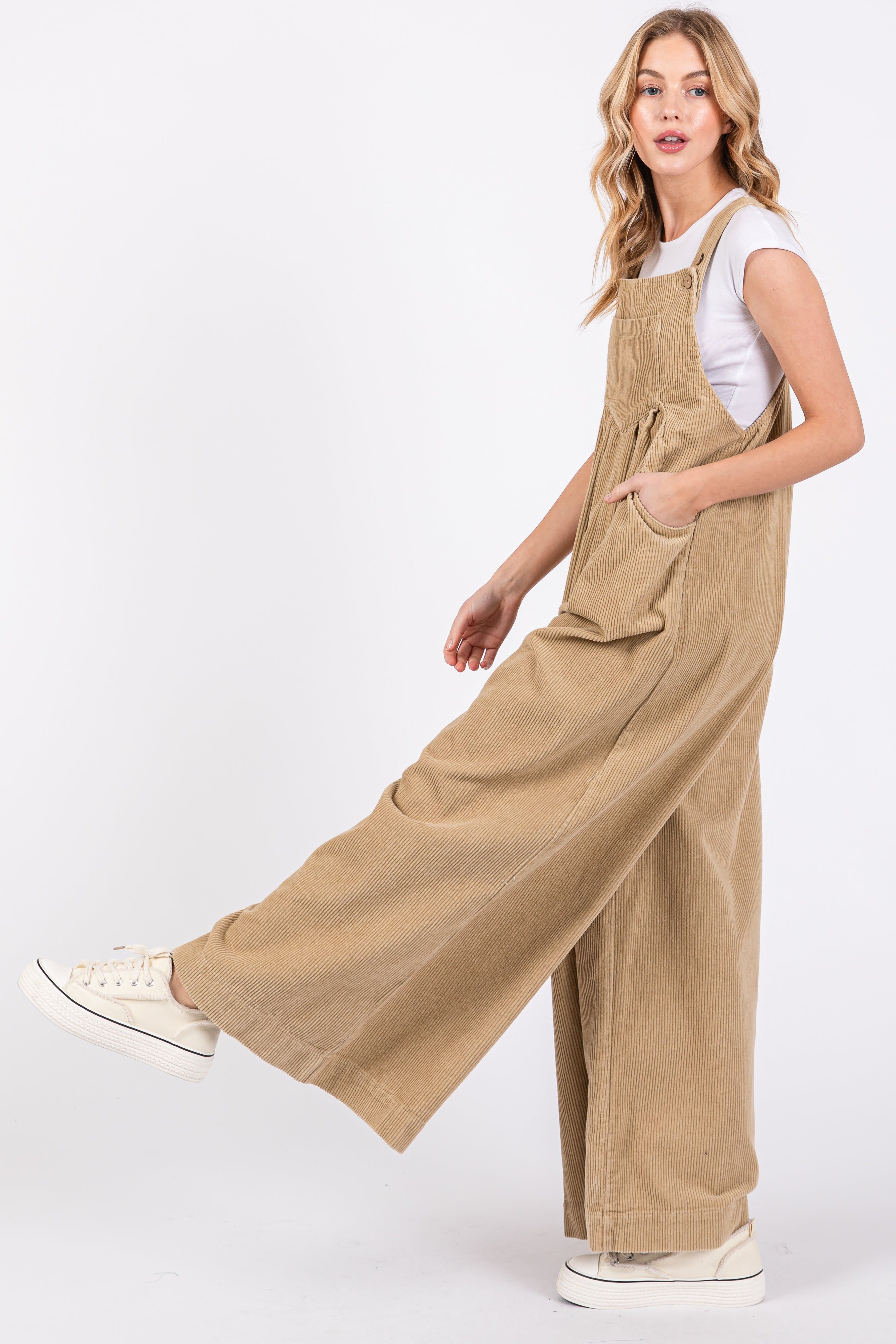 Beige Corduroy Front Pleated Wide Leg Overalls sold by Pinkblush product image thumbnail 2