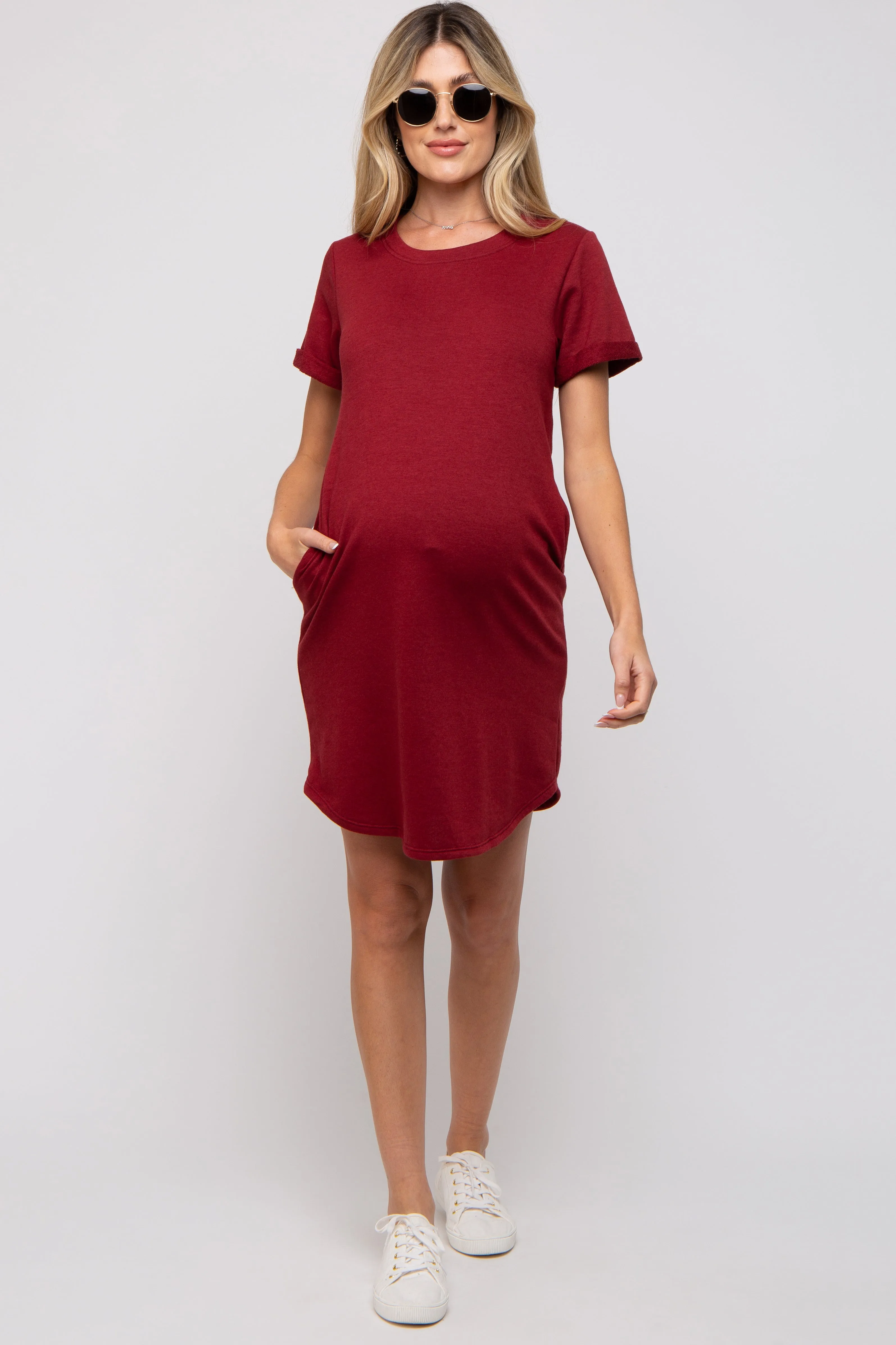 Burgundy French Terry Cuffed Short Sleeve Maternity Dress sold by Pinkblush product image thumbnail 5