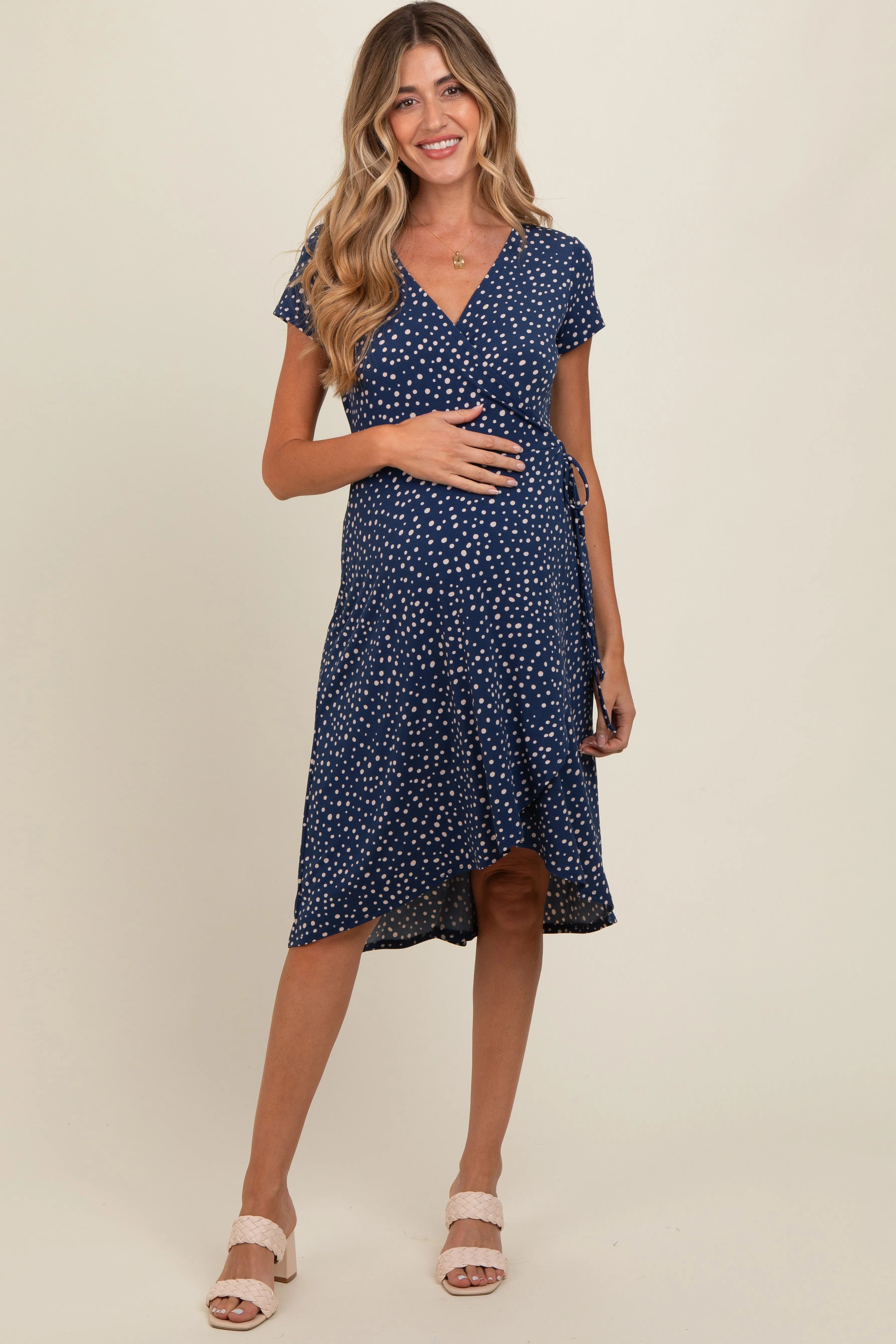 Navy Dot Print Wrap Maternity Nursing Midi Dress sold by Pinkblush