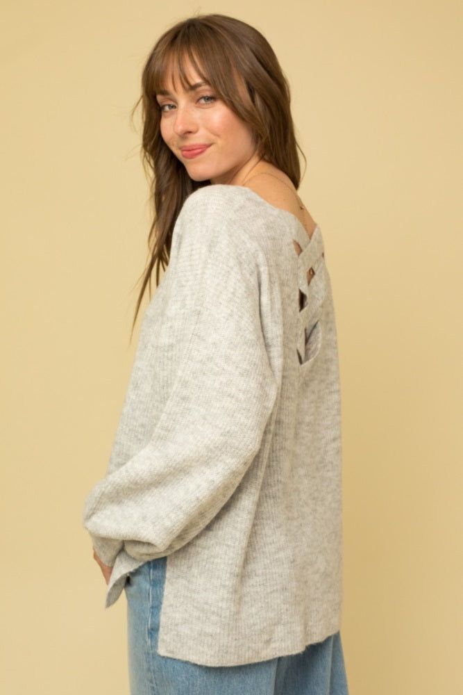 Heather Grey Soft Knit Lace Up Back Sweater sold by Pinkblush product image thumbnail 3