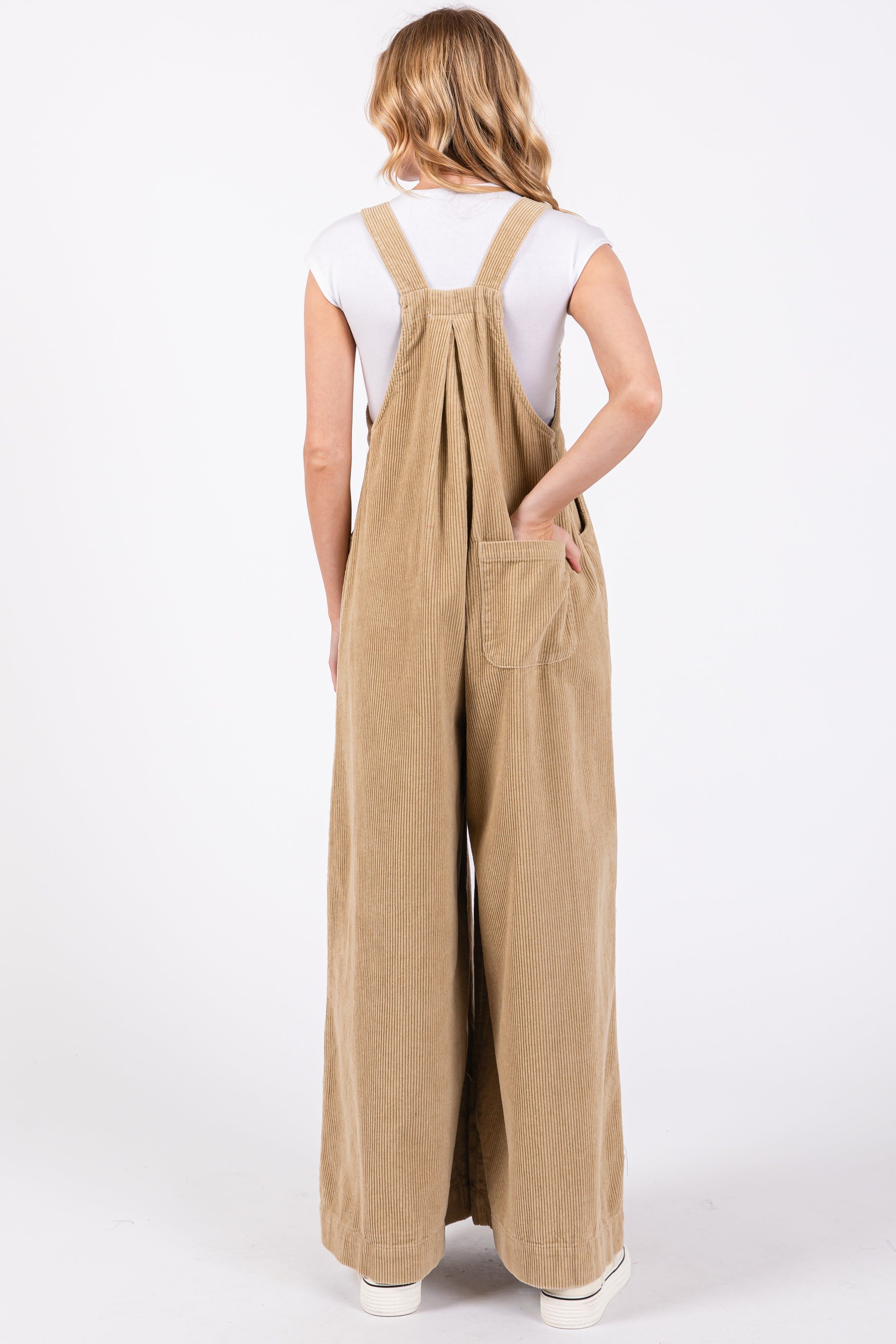 Beige Corduroy Front Pleated Wide Leg Overalls sold by Pinkblush product image thumbnail 3