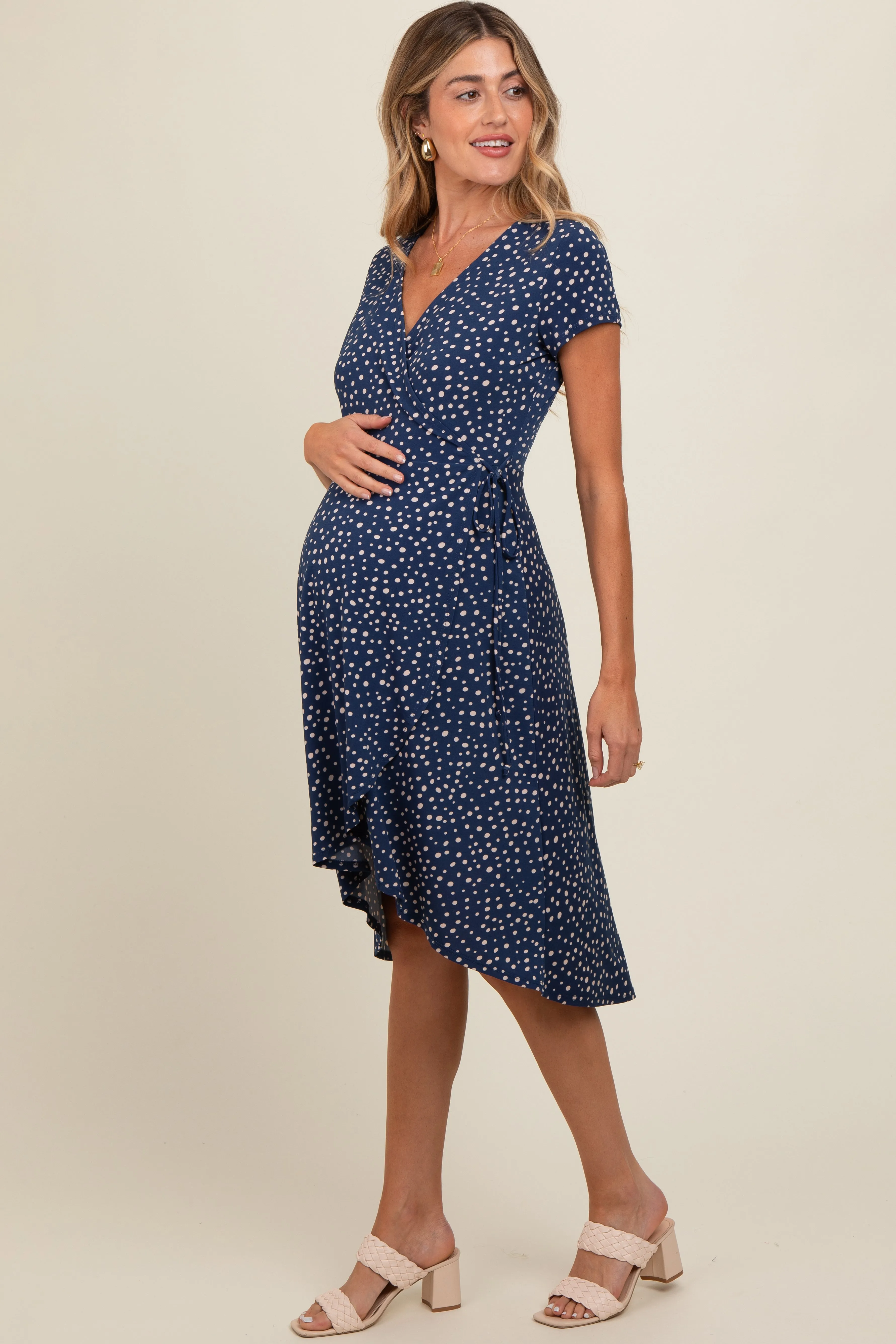 Navy Dot Print Wrap Maternity Nursing Midi Dress sold by Pinkblush product image thumbnail 2