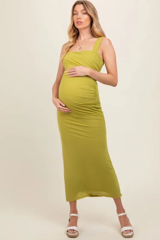 Light Olive Ruched Maternity Maxi Dress made by Pinkblush