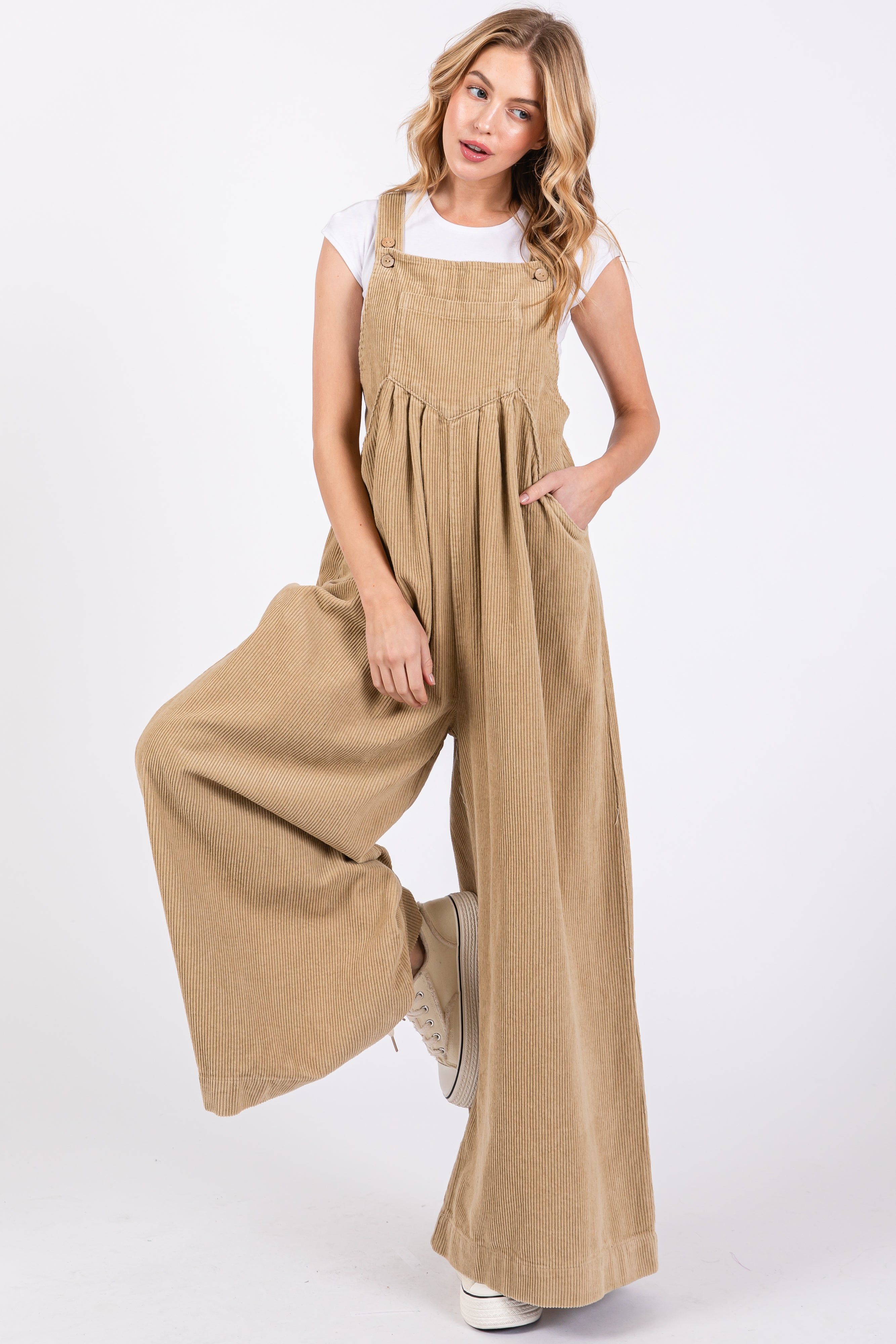 Beige Corduroy Front Pleated Wide Leg Overalls sold by Pinkblush product image thumbnail 4