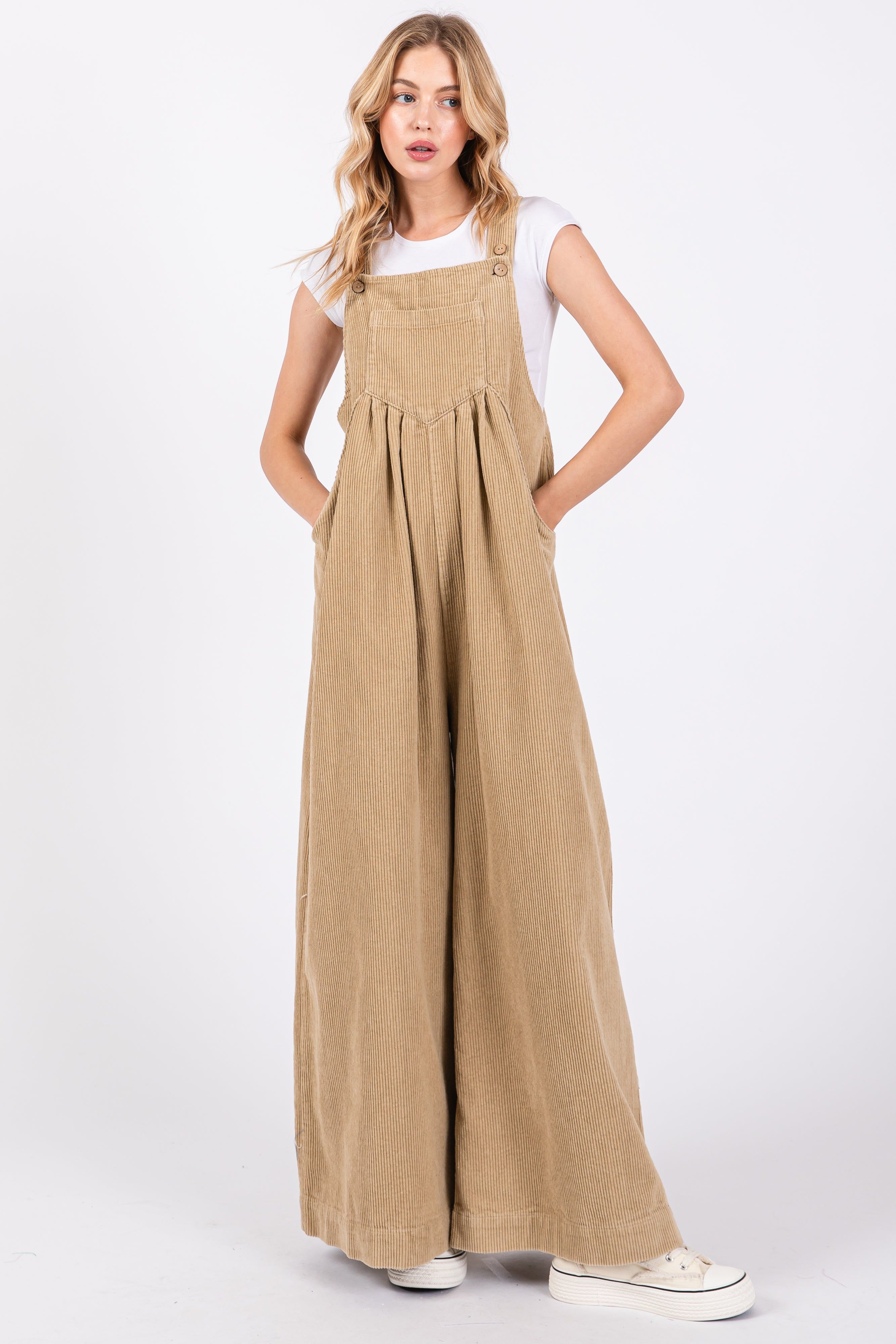 Beige Corduroy Front Pleated Wide Leg Overalls sold by Pinkblush