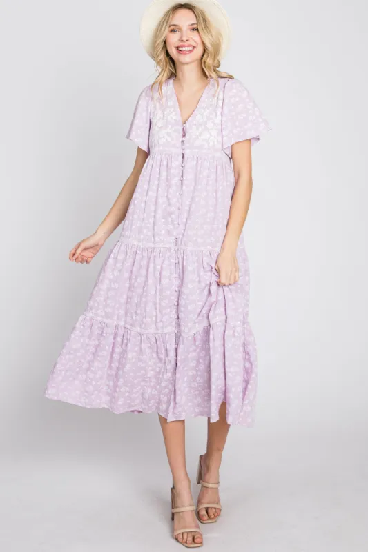 Lavender Floral Embroidered Button Front Midi Dress sold by Pinkblush