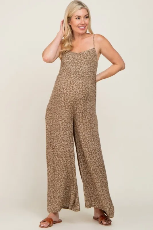 Olive Floral Sleeveless Back Tie Maternity Jumpsuit sold by Pinkblush