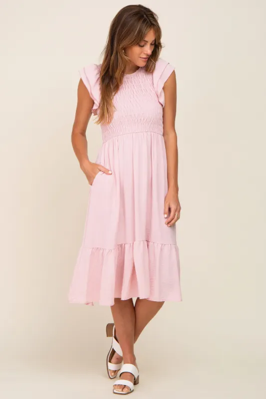 Light Pink Smocked Layered Ruffle Flutter Sleeve Midi Dress sold by Pinkblush