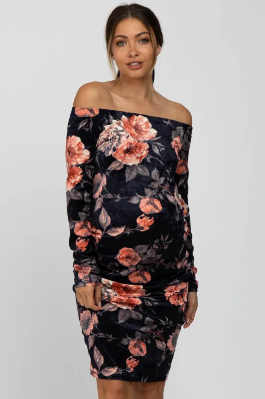 Navy Floral Velvet Off Shoulder Fitted Maternity Dress sold by Pinkblush