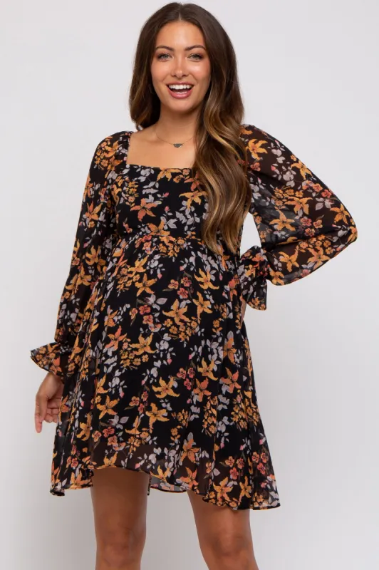 Black Floral Chiffon Square Neck Maternity Dress sold by Pinkblush