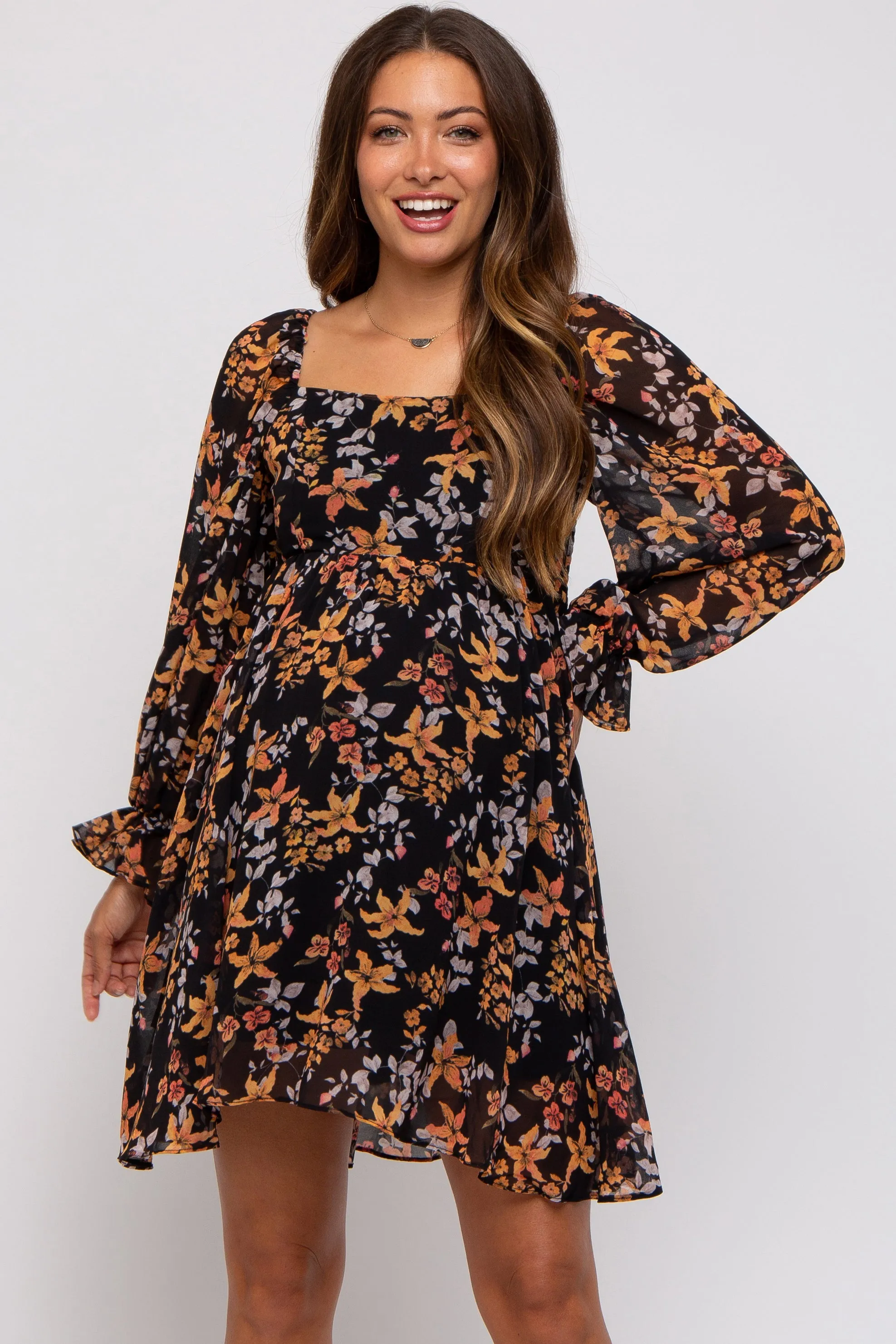 Black Floral Chiffon Square Neck Maternity Dress sold by Pinkblush