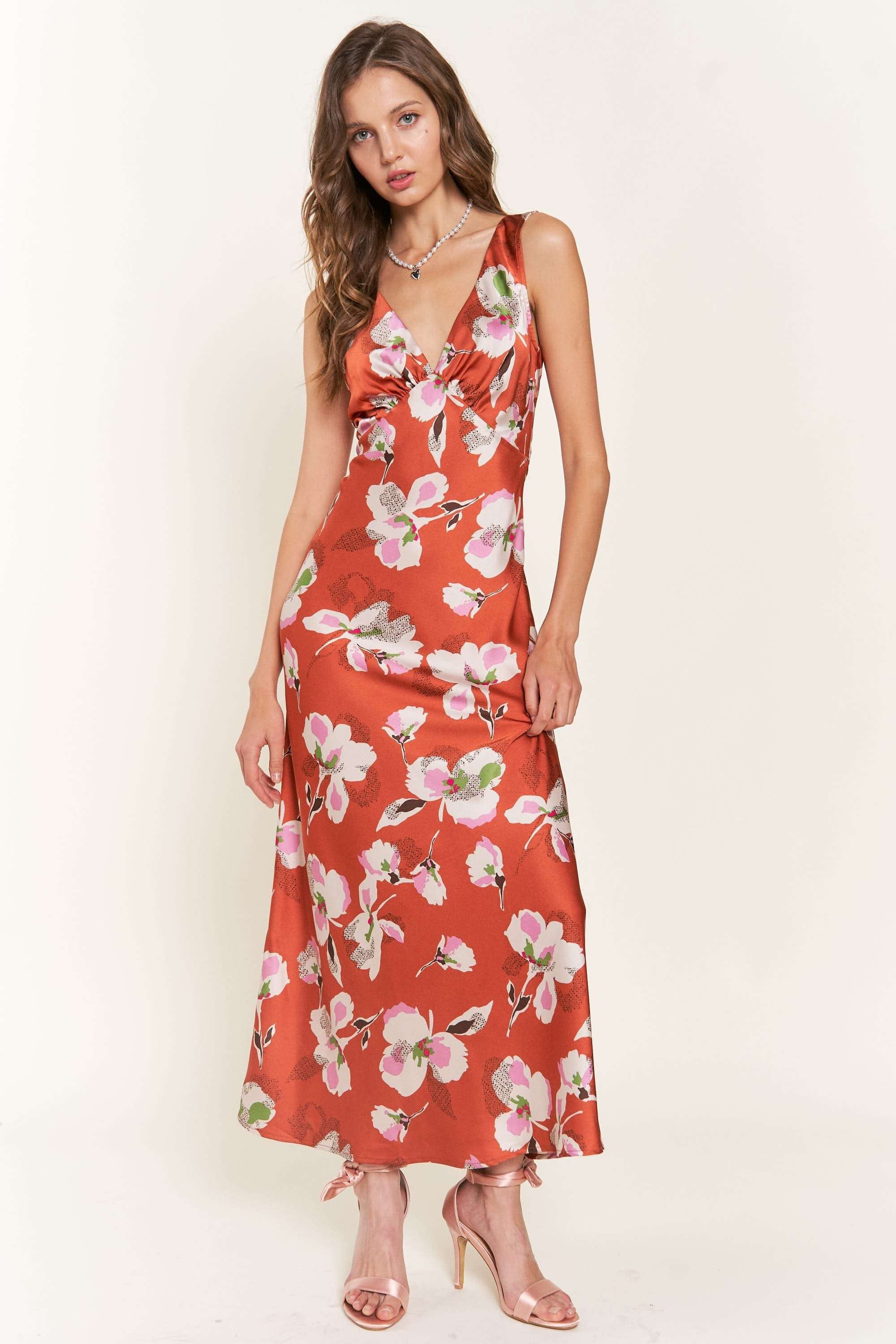 Rust Floral Sleeveless Midi Dress sold by Pinkblush