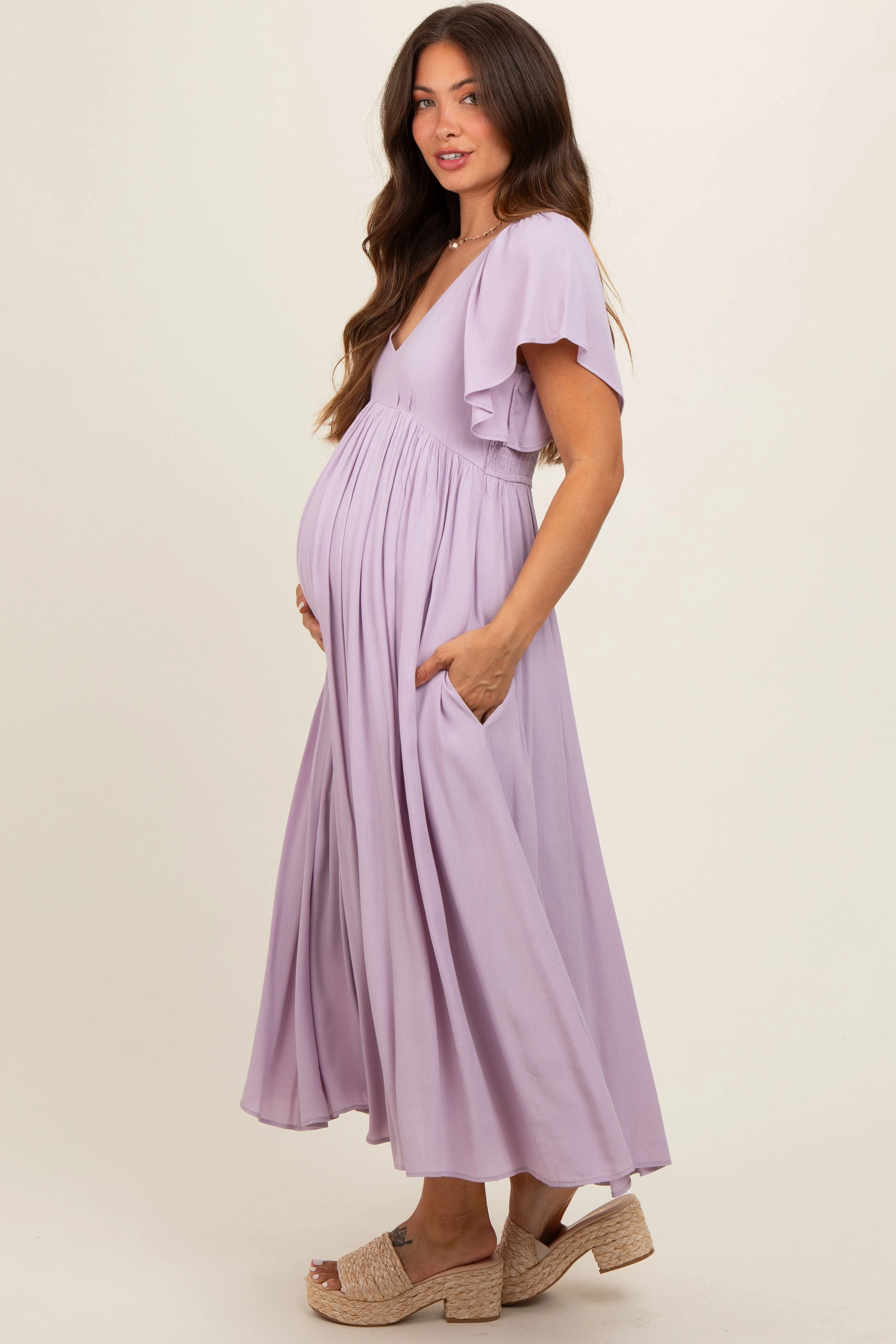 Lavender V-Neck Flutter Short Sleeve Maternity Midi Dress sold by Pinkblush product image thumbnail 3