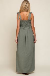 Olive Textured Smocked Shoulder Tie Maternity Maxi Dress sold by Pinkblush