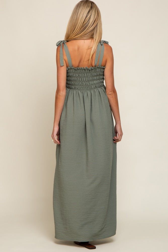 Olive Textured Smocked Shoulder Tie Maternity Maxi Dress sold by Pinkblush product image thumbnail 3