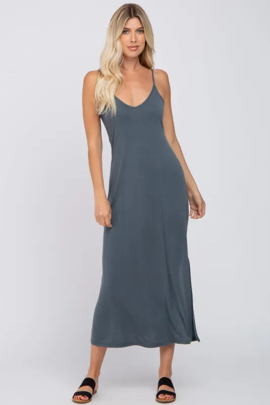 Charcoal V-Neck Criss Cross Back Side Slit Midi Dress sold by Pinkblush