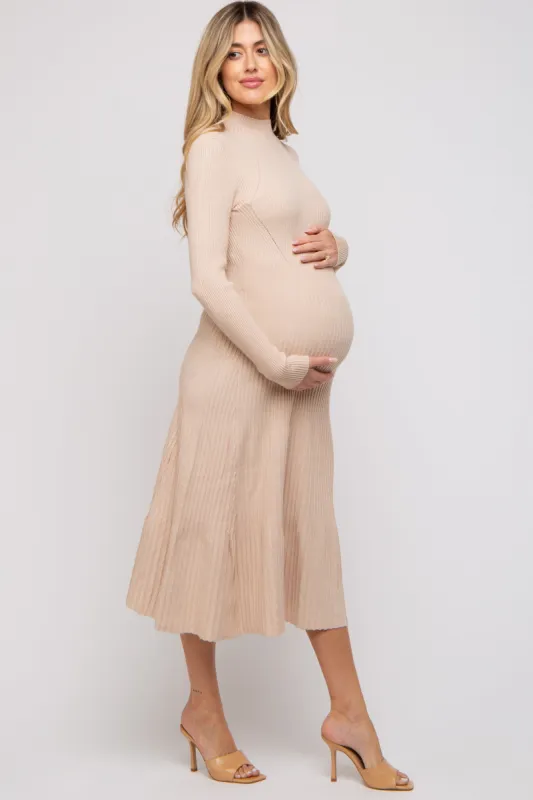 Beige Rib Knit Mock Neck A-Line Maternity Dress sold by Pinkblush