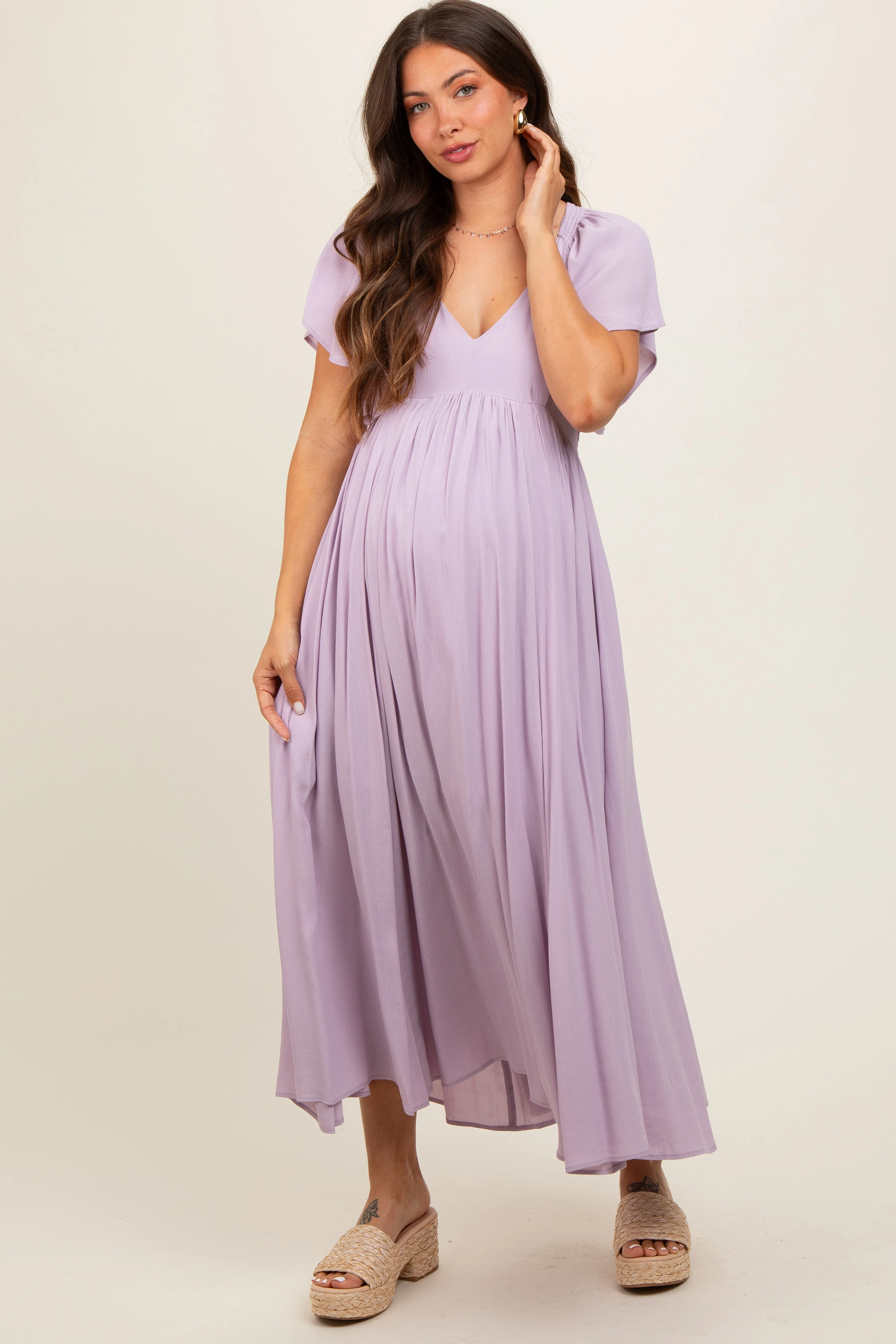 Lavender V-Neck Flutter Short Sleeve Maternity Midi Dress sold by Pinkblush